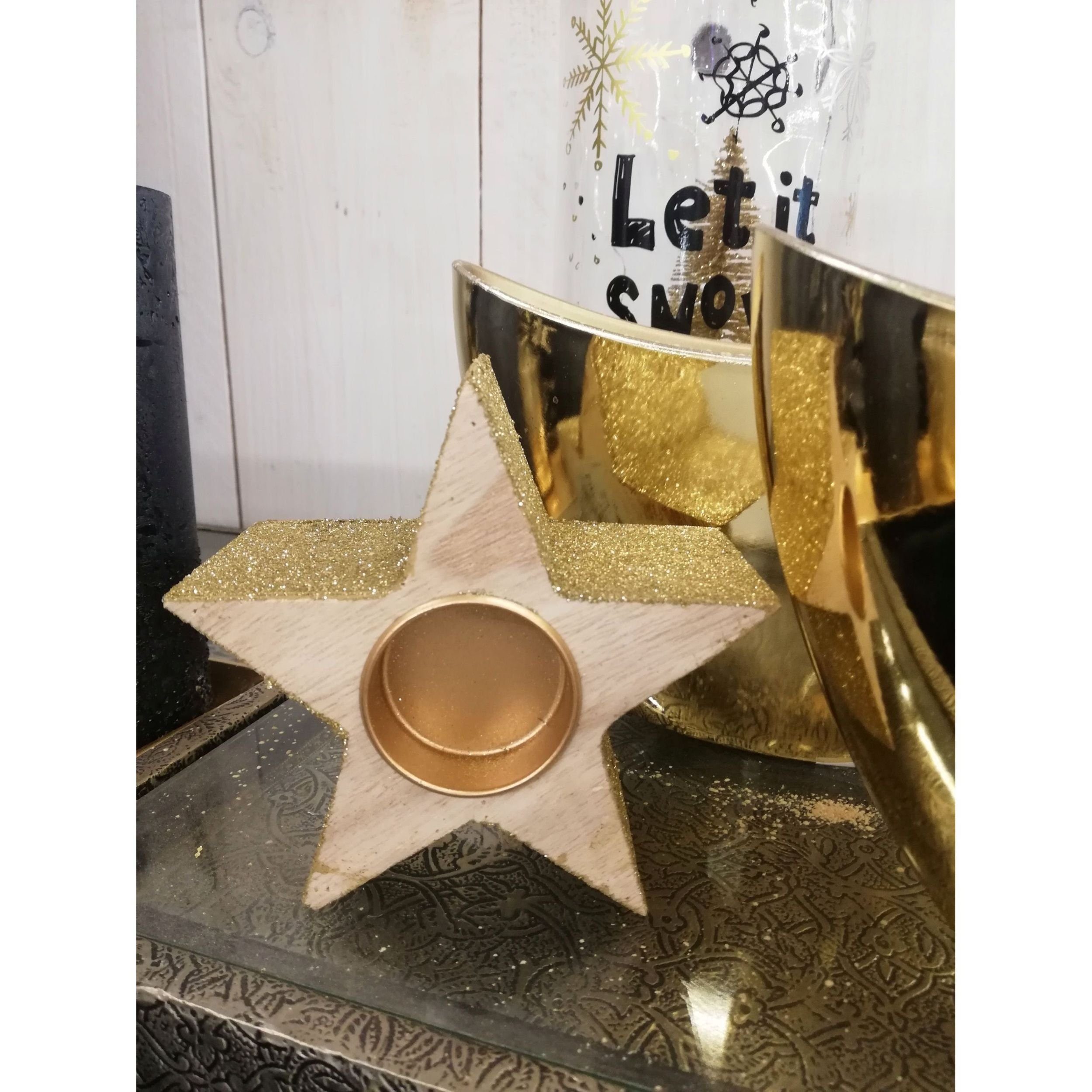 2 12cm, aus Holz Goldglitter Kerzenhalter Teelichthalter DekoTown St. mit Stern