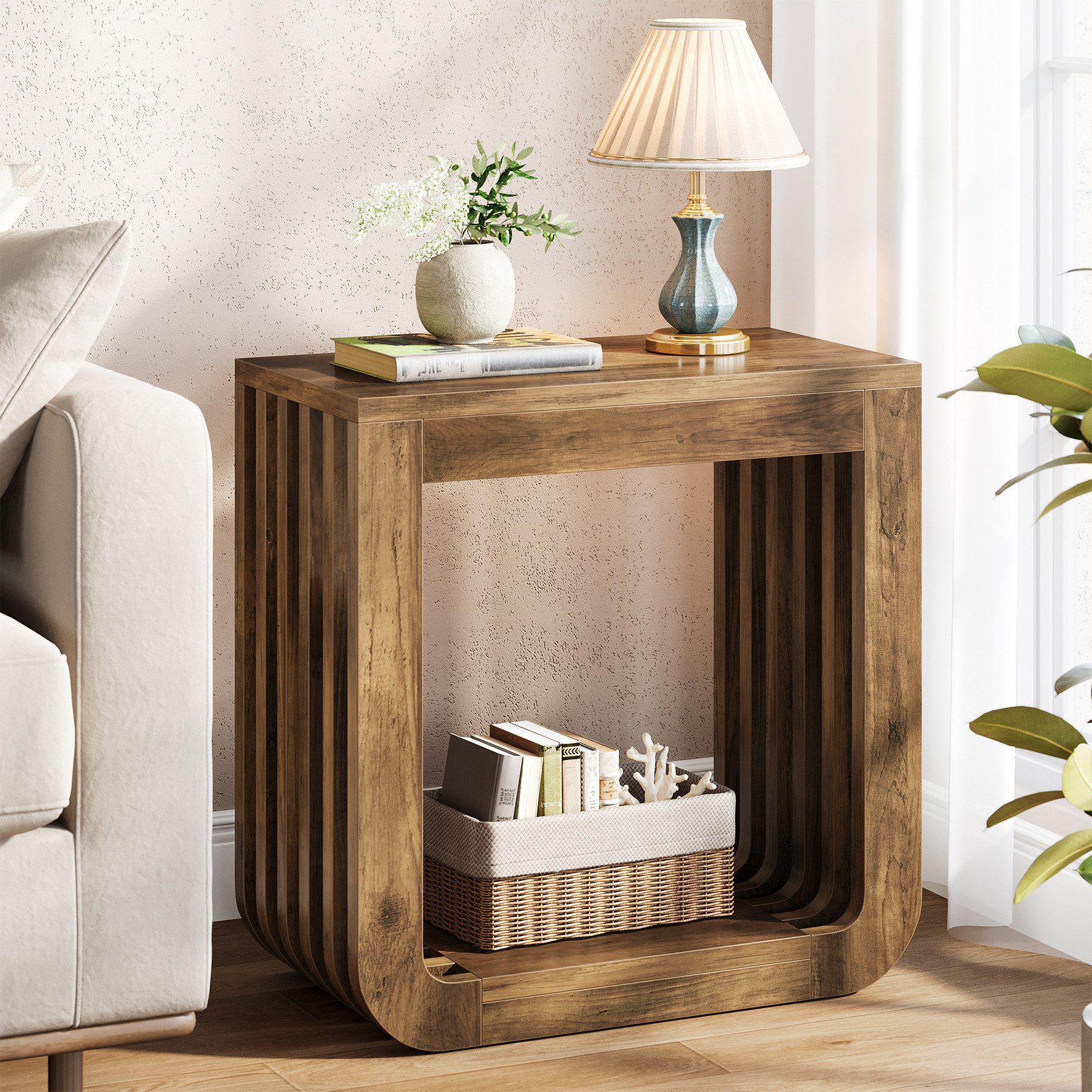 Tribesigns Beistelltisch 60 cm Couchtisch mit offenem Lattengestell, Nachttisch aus Holz