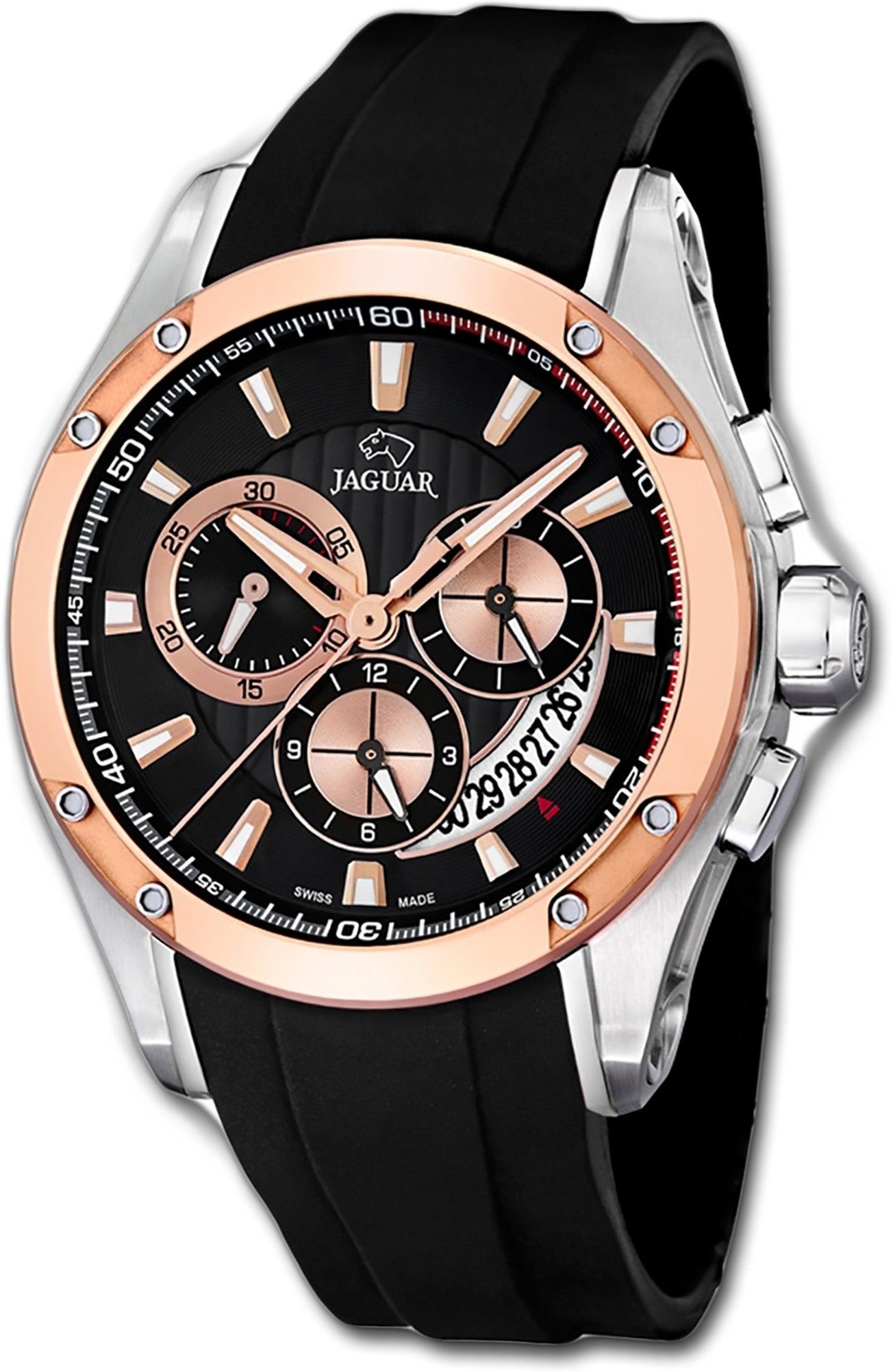 JAGUAR Chronograph Jaguar PUR Herren Uhr J689/1 Sport, Herrenuhr mit PURarmband, rundes Gehäuse, groß (ca. 43mm), Sport-Style | Schweizer Uhren
