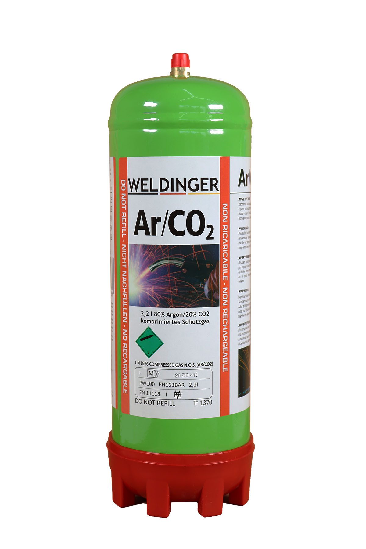 WELDINGER Gas Mischgas Einwegflasche 2,0 Liter, 20 % Co² + 80 % Argon, MAG-Schweißen