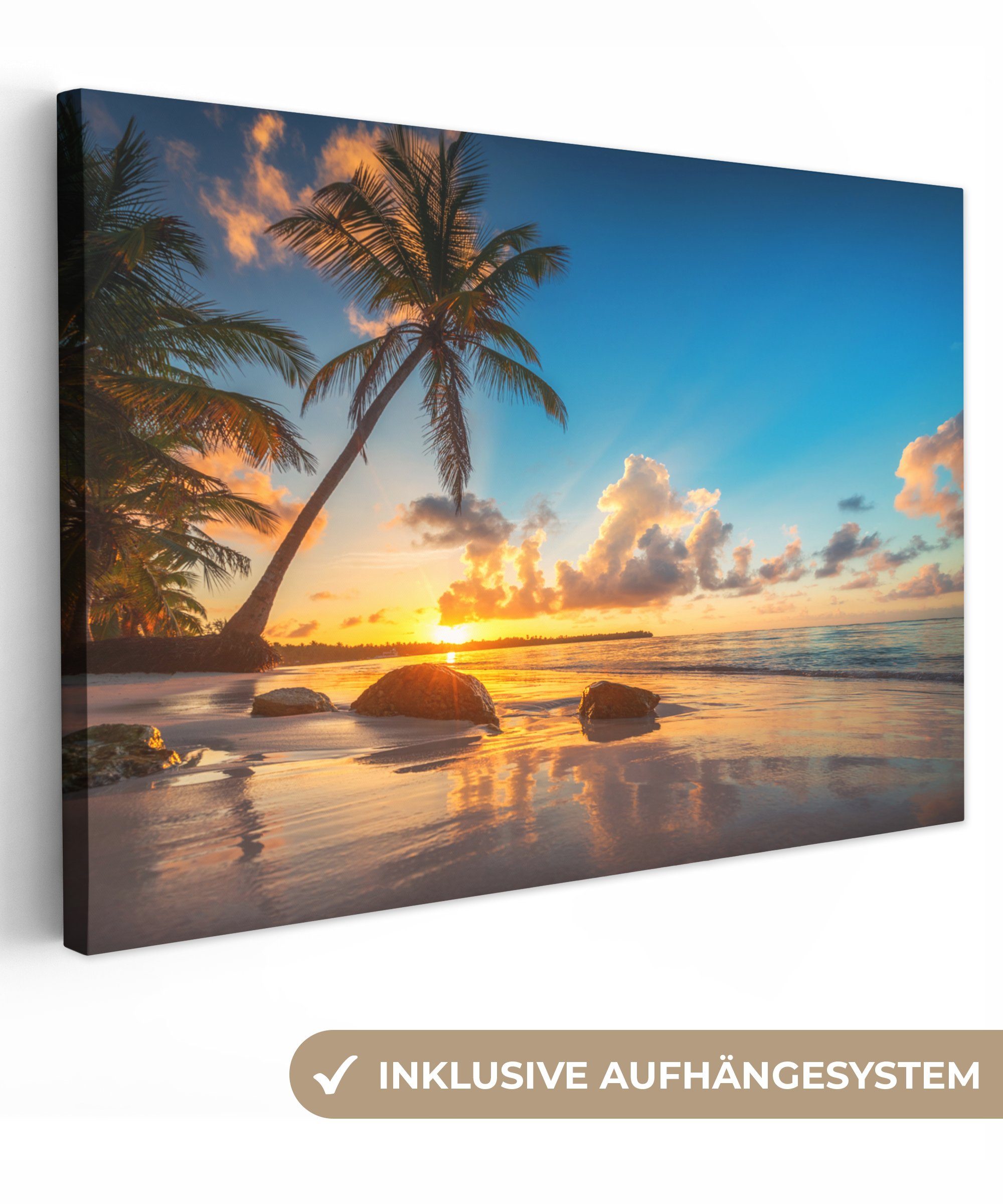OneMillionCanvasses® Leinwandbild Strand - Meer - Palme - Sonnenuntergang, günstig online kaufen