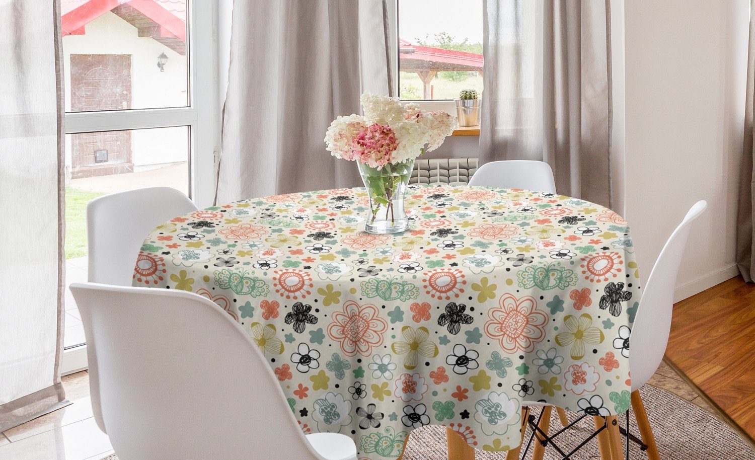 Tischdecke Gezeichnet Abdeckung für Petals Esszimmer Kreis Childish Abakuhaus Botanisch Dekoration, Tischdecke Küche