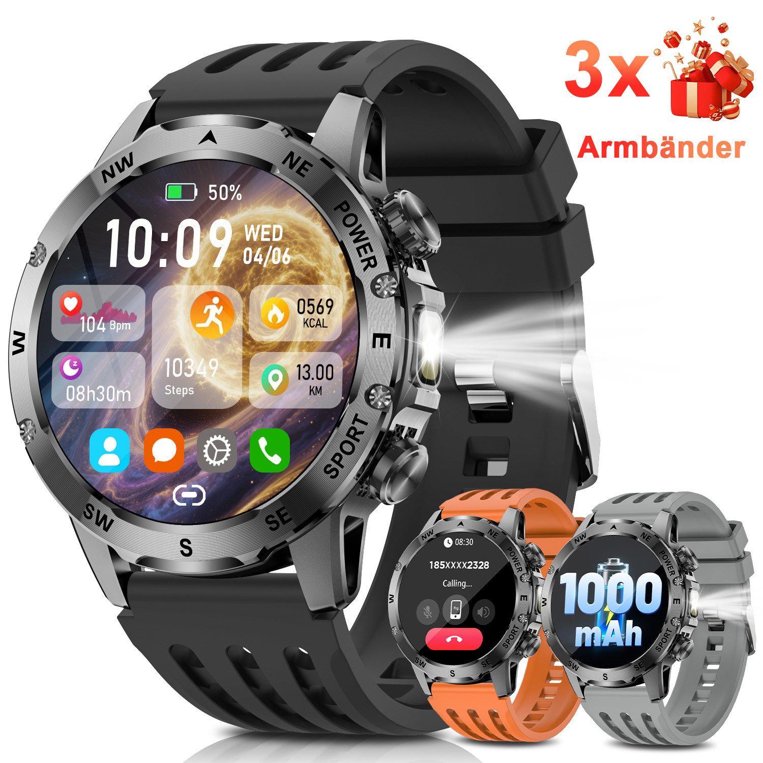 FOSMET 2025 1000mAh Akku Militär Smartwatch für Herren 1.53" AMOLED-Display Smartwatch Herren Fitnessuhr, IP68 wasserdicht sportuhr, Herzfrequenz-/SpO2-/Schlafüberwachung für Android und iOS