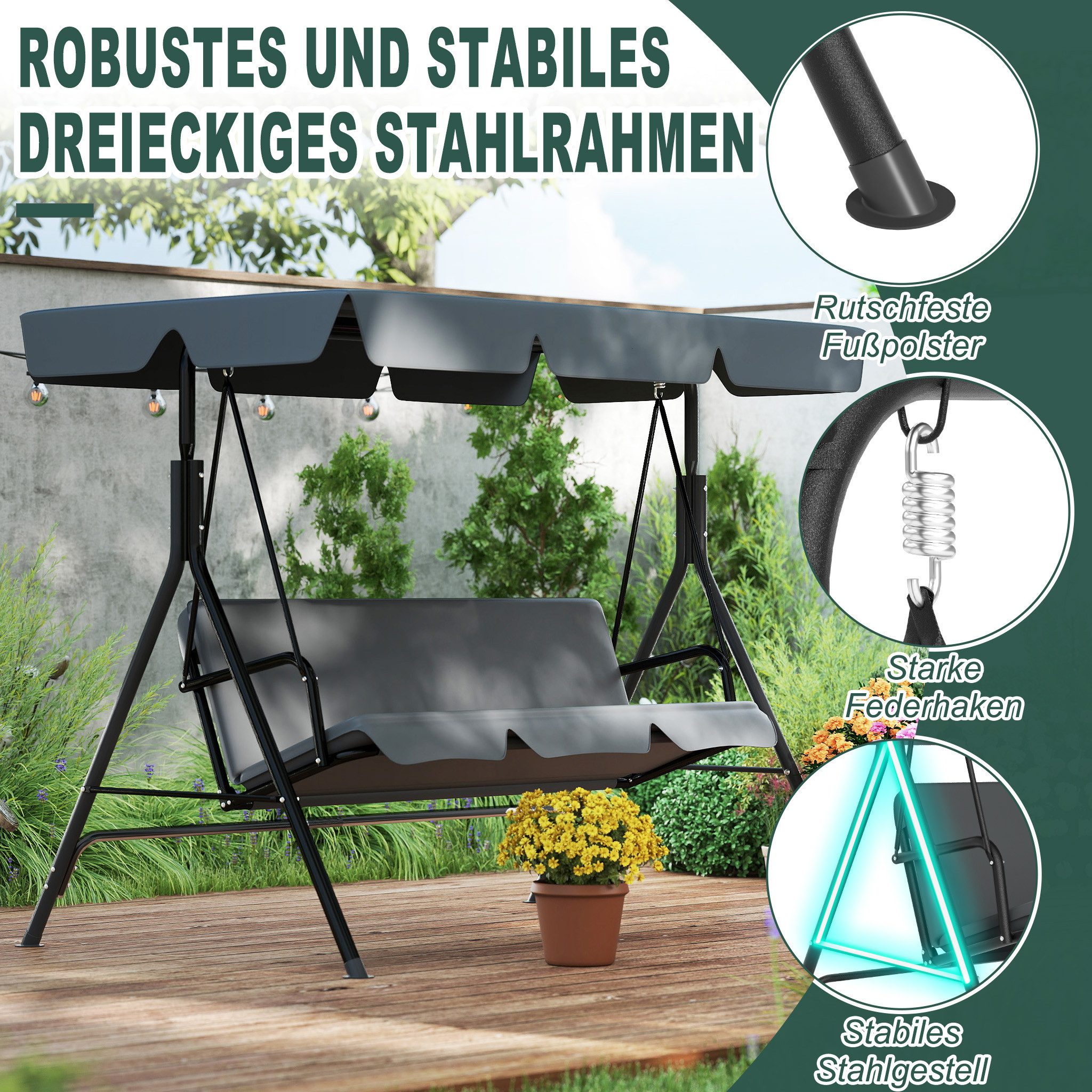 FIVMEN Hollywoodschaukel Gartenschaukel 3-Sitzer mit Verstellbarem Sonnendach weichem Kissen, 176x110x152cm, Metall Hängeschaukel mit Verstellbarem Sonnendach L – Bild 4 von 5