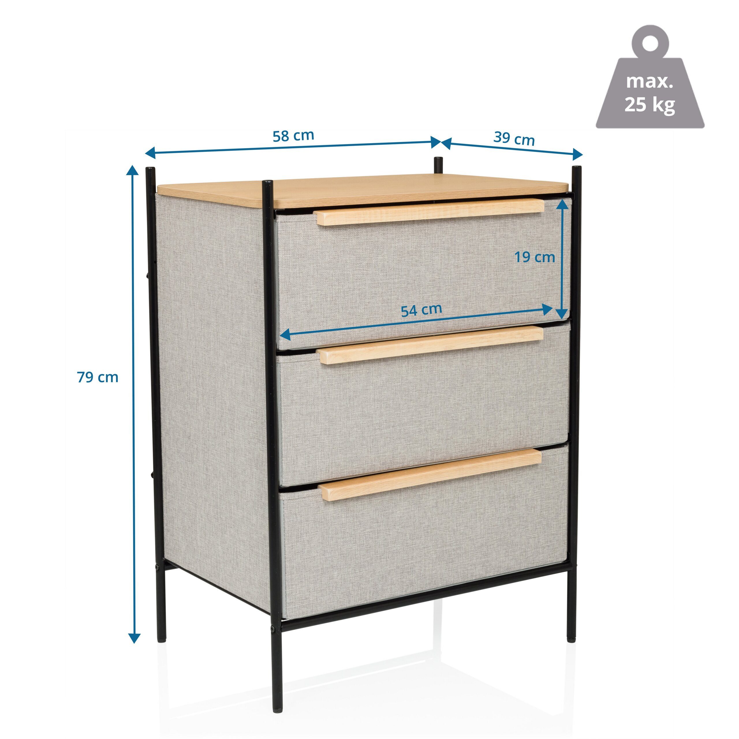 hjh LIVING Kommode STUVAR Sideboard H/B/T: 79.0 x 58.0 x 39.0 cm, Schubladenkommode mit 3 Stoff-Schubladen, Metallgestell, Holzgriffe