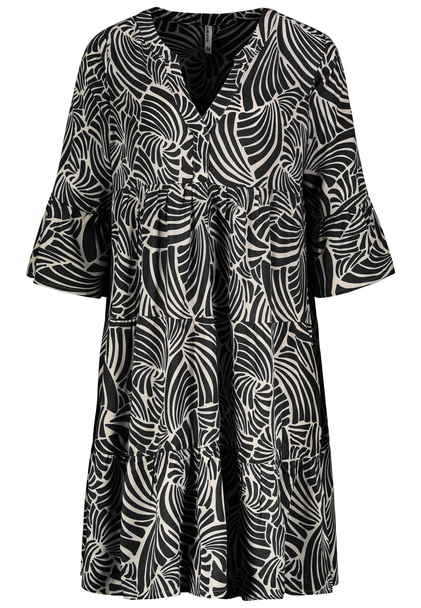 SUBLEVEL Shirtkleid Tropisches Muster, V-Ausschnitt, Rüschenärmel günstig online kaufen