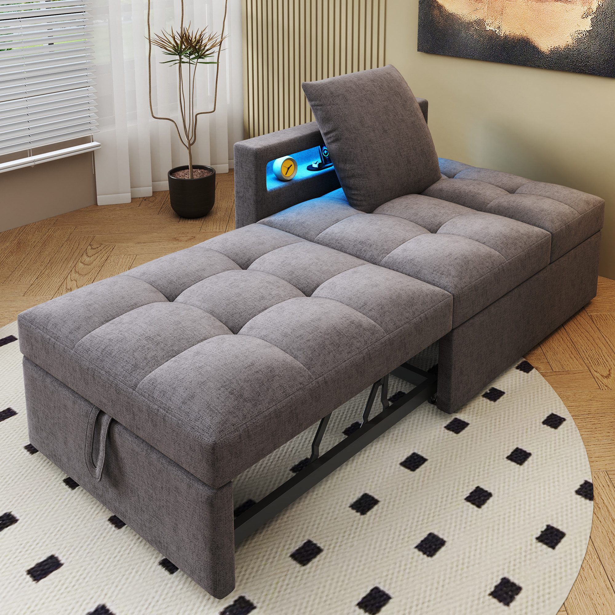 OKWISH Sofa Polster-Schlafsofa, 3-in-1 mit LED-Armlehne und USB-/Typ-C-Anschluss, verstellbarer Rückenlehne