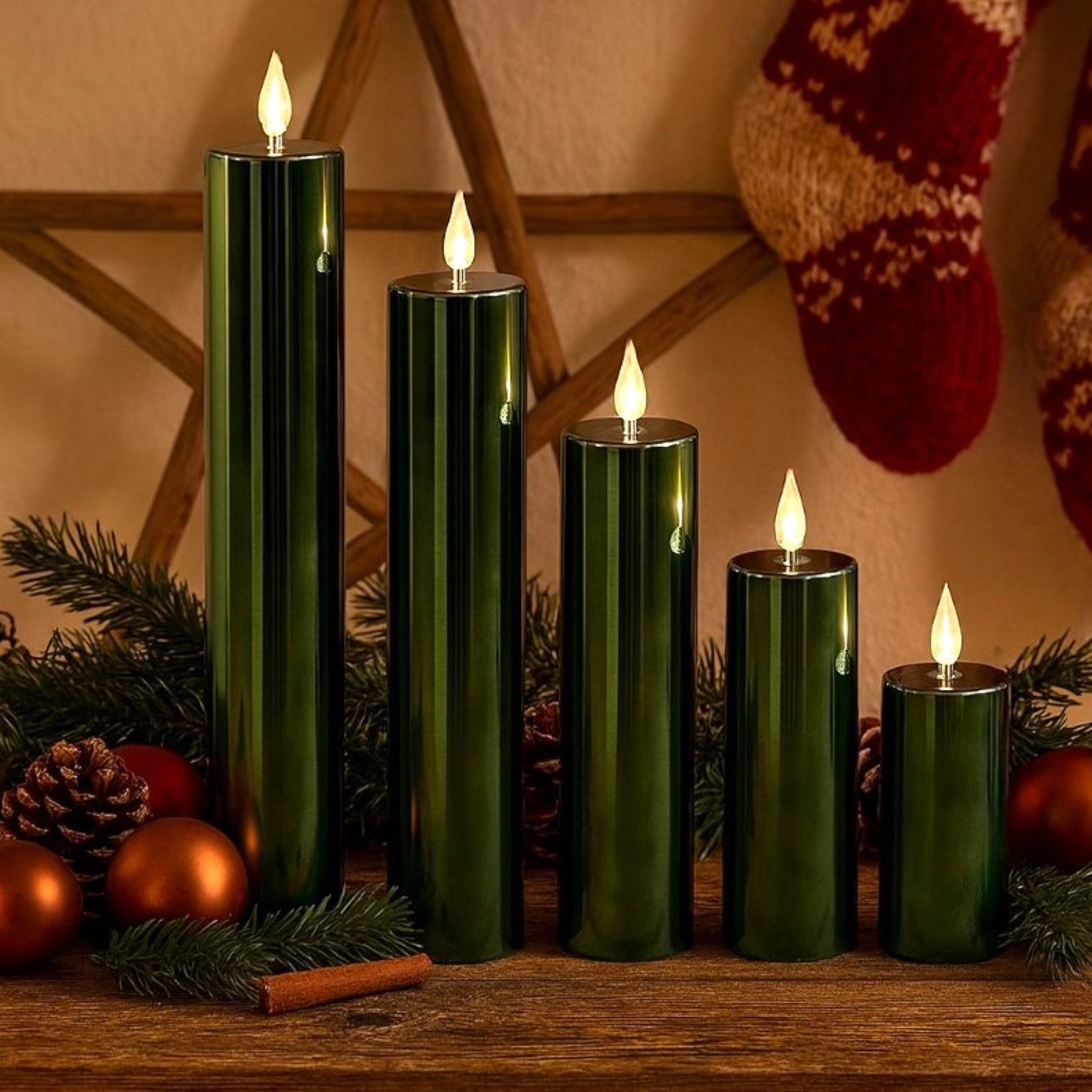 Online-Fuchs LED-Kerze 5er Set LED Свічки XL mit 6-Stunden Timer und Hochglanz Oberfläche (realistische Acrylflamme, in den Farben Silber, Gold, Rosé, Grün, Rot und Taubenblau), Outdoor geeignet - Deko für Herbst, Winter und Weihnachten