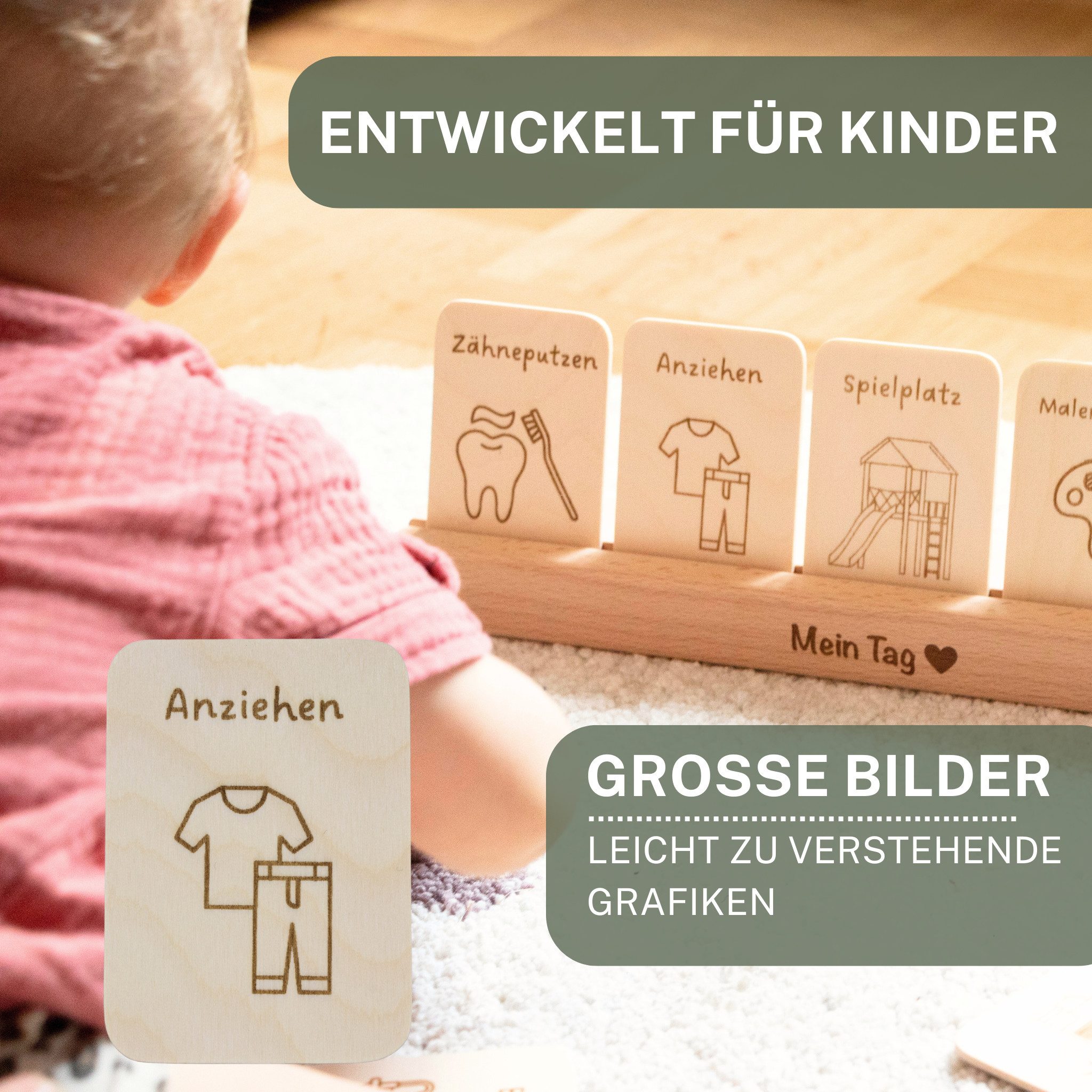 Astrein Lernspielzeug Montessori Tagesplaner, Routinekarten aus Holz, Montessori Spielzeug (16-St)