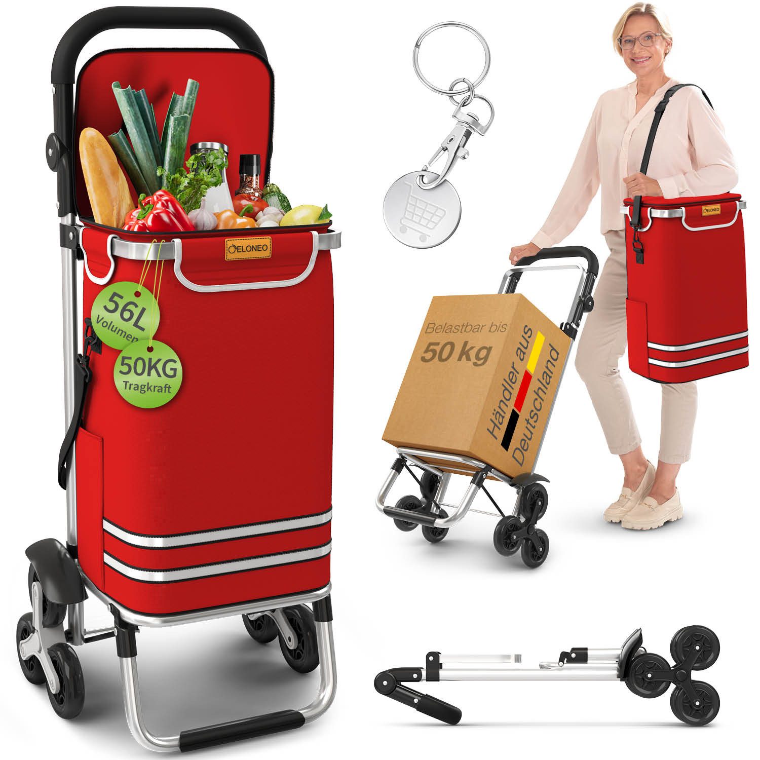 ELONEO Einkaufstrolley ELONEO Einkaufstrolley Treppensteiger, 56L Volumen, 3×3 Radsystem, Mit HängFix zum Anhängen an den Einkaufswagen