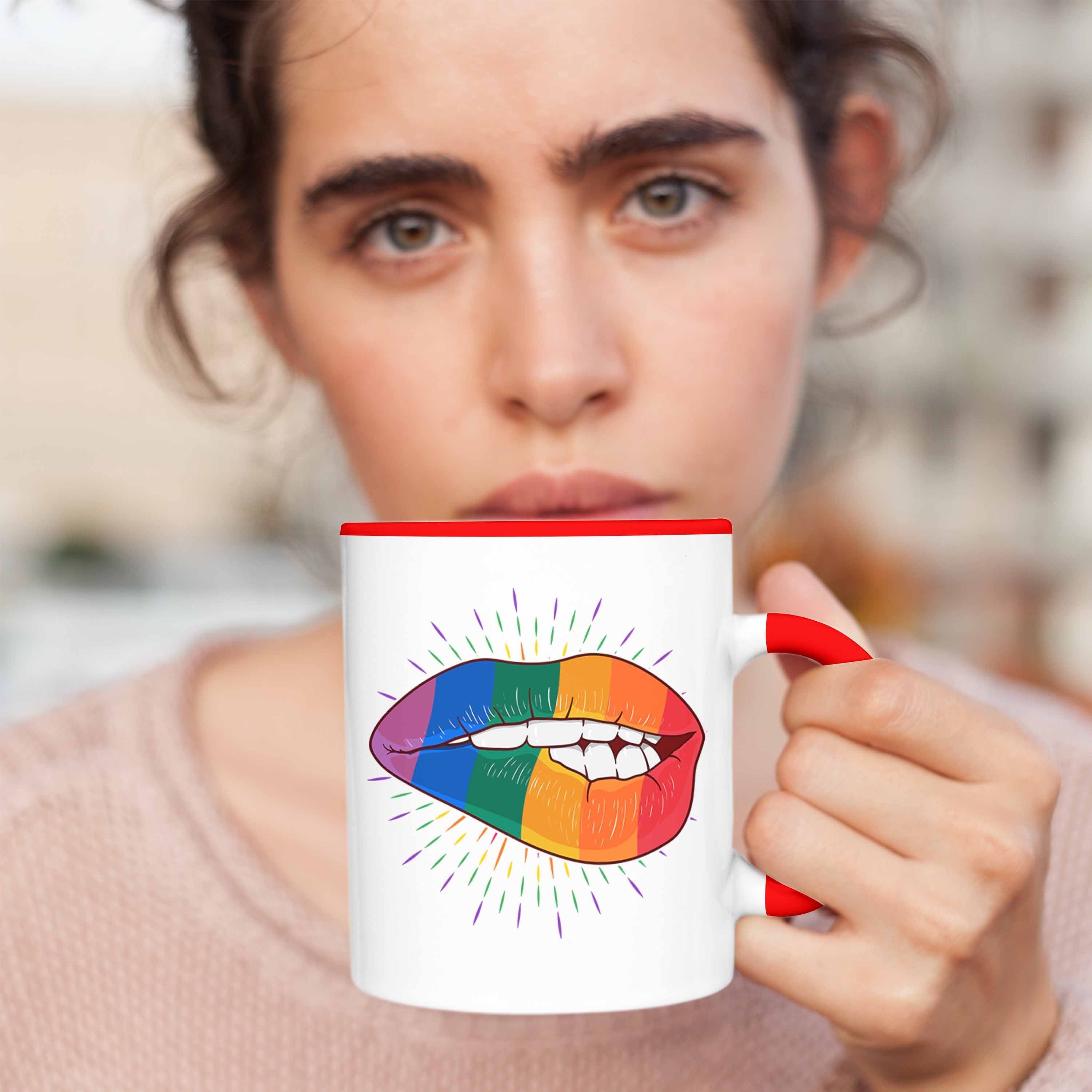Regenbogen Grafik - Lustige Tasse Transgender Regenbogen Trendation Geschenk LGBT Tasse Bunte Rot Lippe Trendation Lesben für Schwule