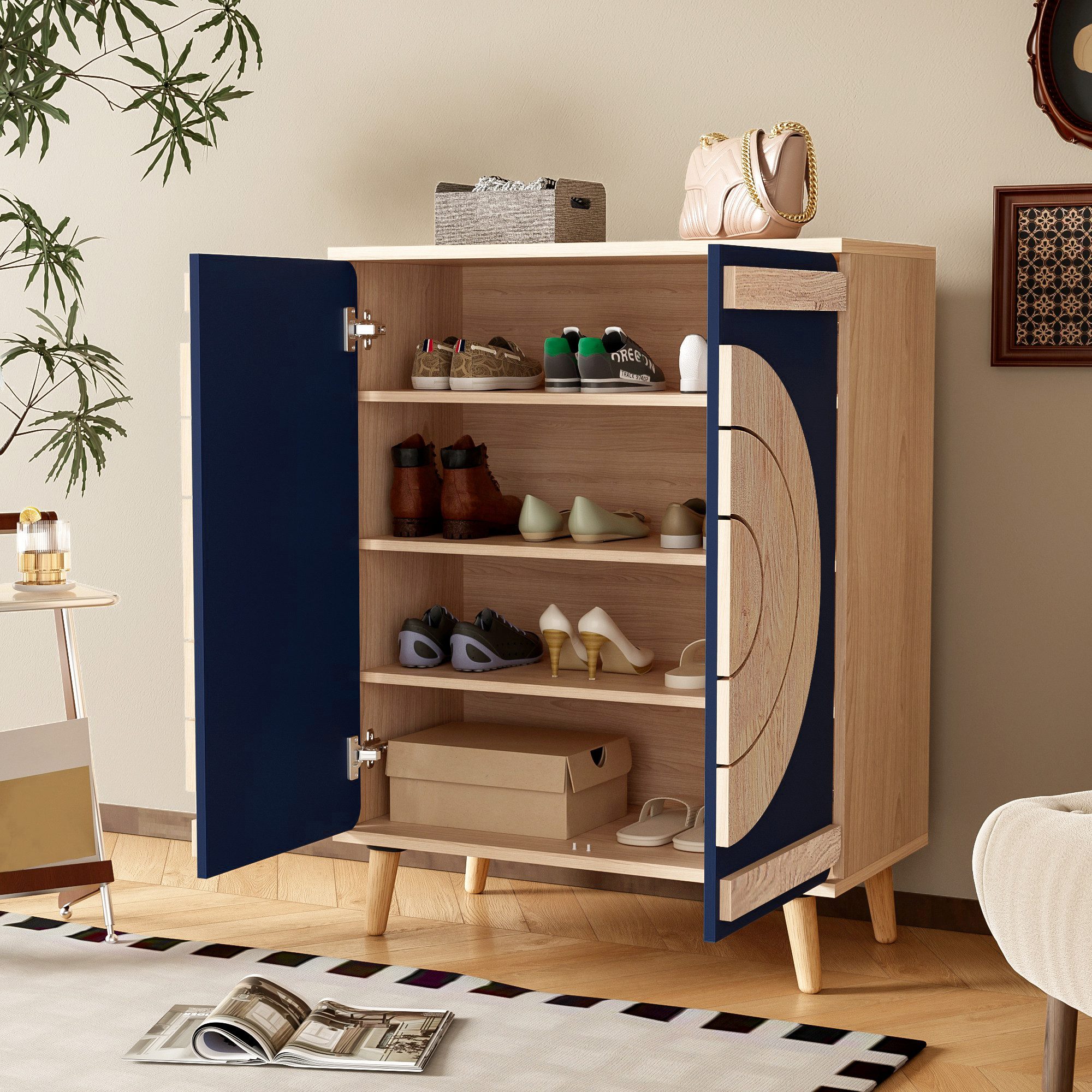 HAUSS SPOLE Schuhschrank mit Regalböden und Stauraum,Schuhständer Schuhregal mit Holzbeinen (Packung, 1-St., mit mehrstufigem Stauraum) stabilen Holzbeinen