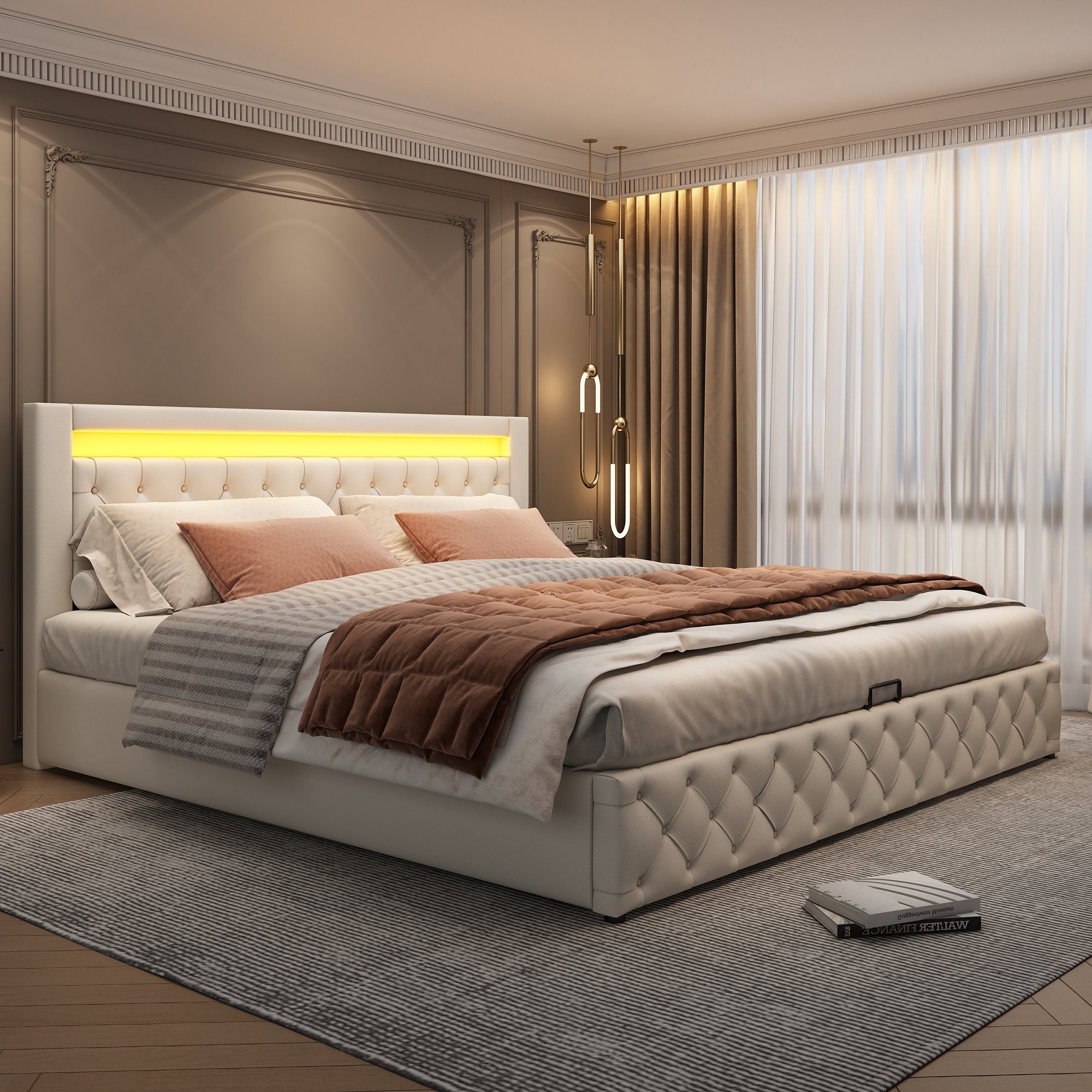 Boxspringbett (Hydraulisches Bett 180x200cm mit Bettkasten), Polsterbett mit LED-Beleuchtung, Kunstleder, weiches Kopfteil