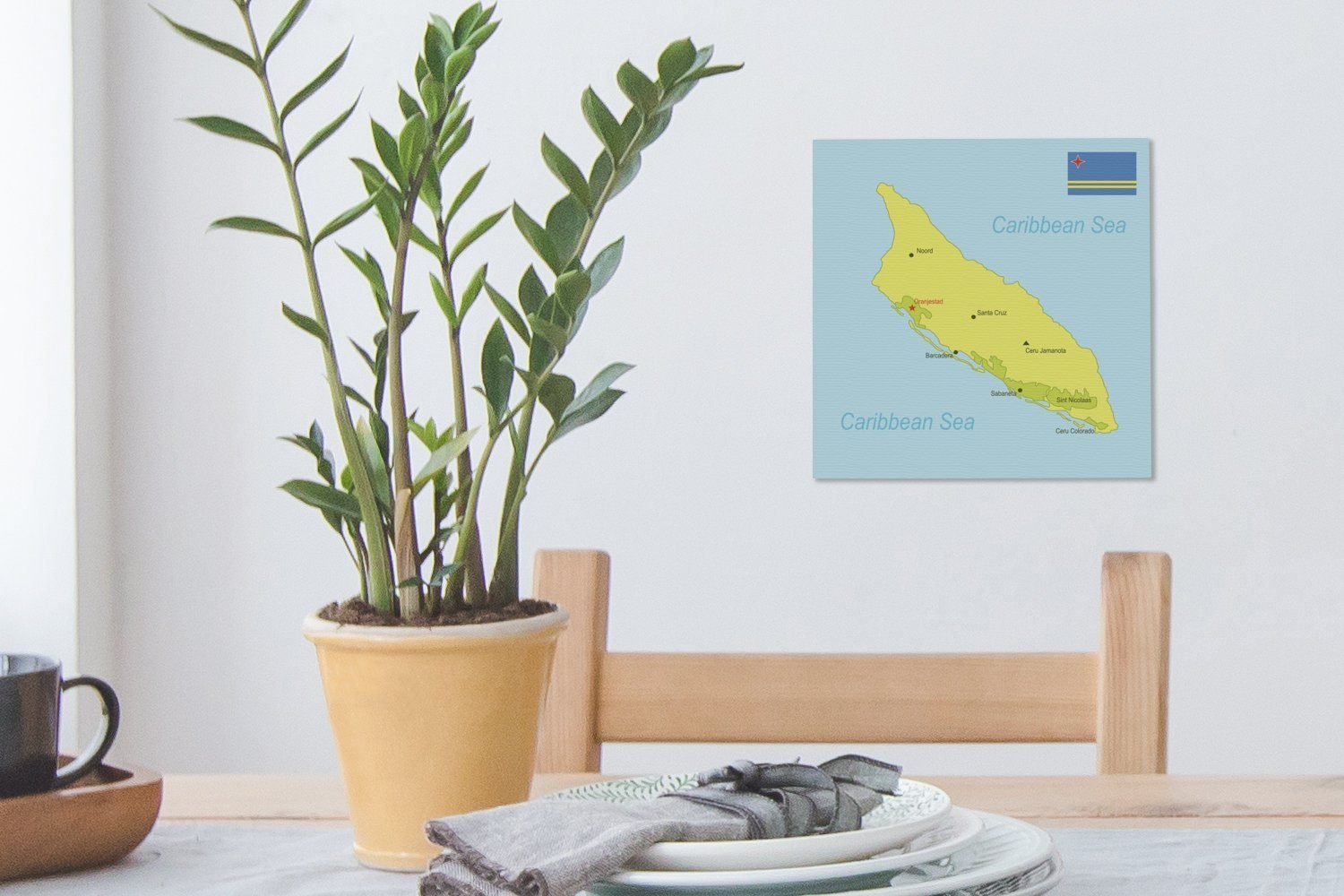Leinwand Illustration Aruba, von Wohnzimmer (1 St), Leinwandbild einer für Bilder Karte Eine grünen OneMillionCanvasses® Schlafzimmer
