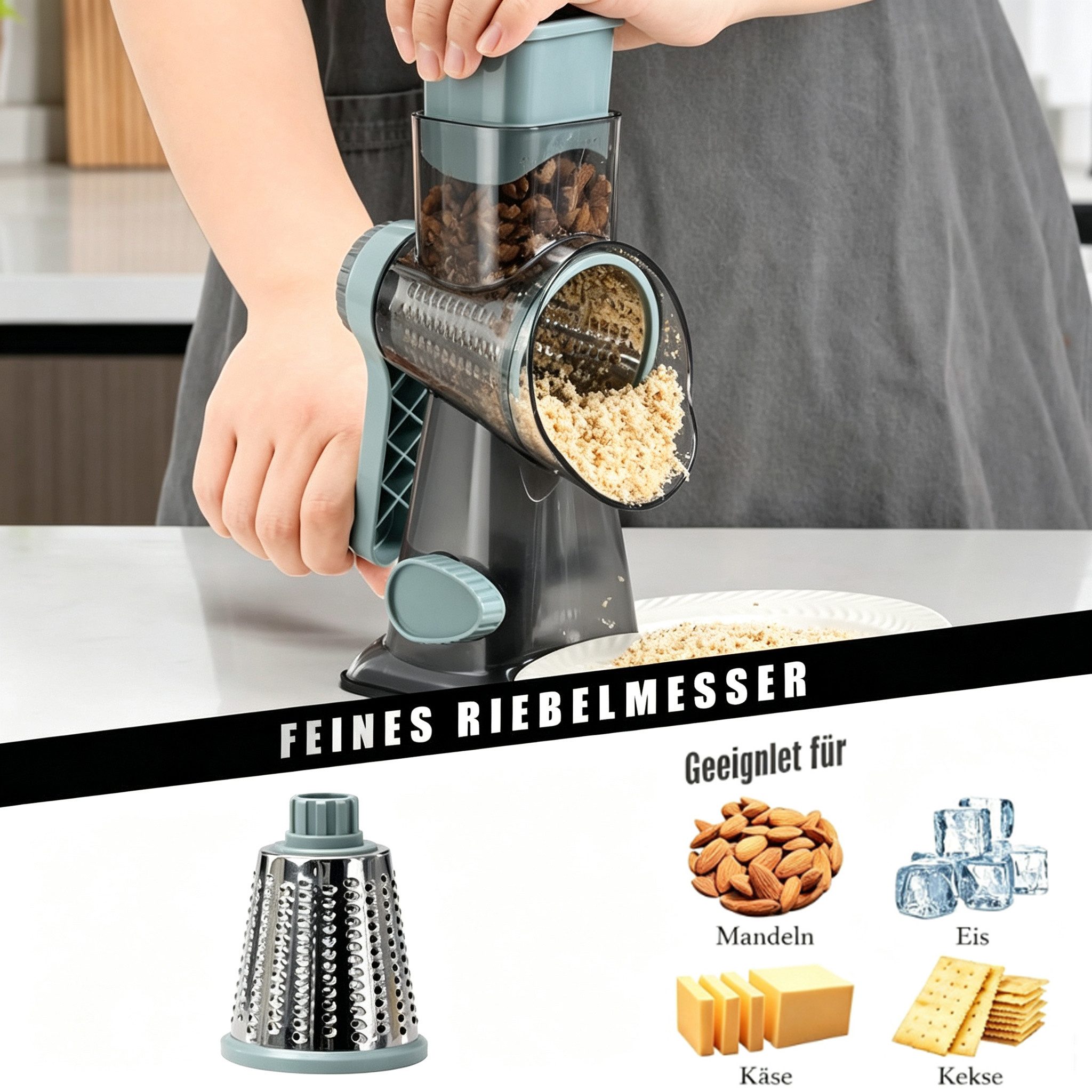 ibettertec Trommelreibe Gemüsereibe Trommelreibe mit 3 Edelstahl Austauschbaren Trommelklingen, (Zubehör‑Set für Küche, 3 in 1 Abnehmbaren Manuelle Gemüsemühle, – Bild 2 von 5