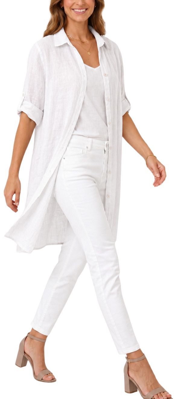 dy_mode Longbluse Damen Leinen Longbluse Sommer Hemdbluse Blusenkleid Luftige Tunika in Unifarbe, mit Knopfleiste