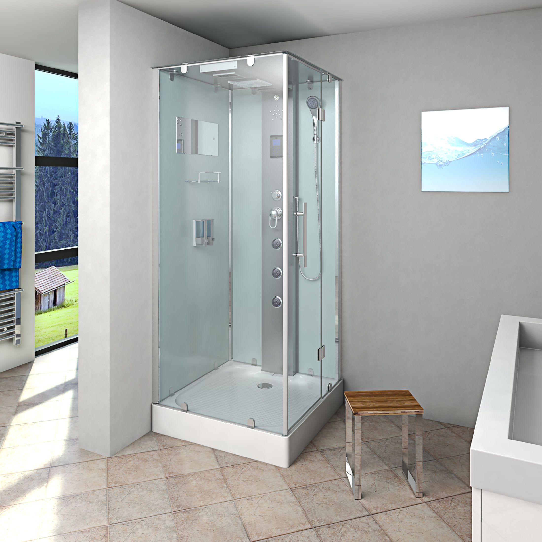 AcquaVapore Komplettdusche Duschkabine Dusche D38-20R0 Weiß 100x100, Sicherheitsglas ESG, inklusive Duschwanne, Höhenverstellbar, Gehärtetes Glas, Integrierte Massagedüsen, Multimedi