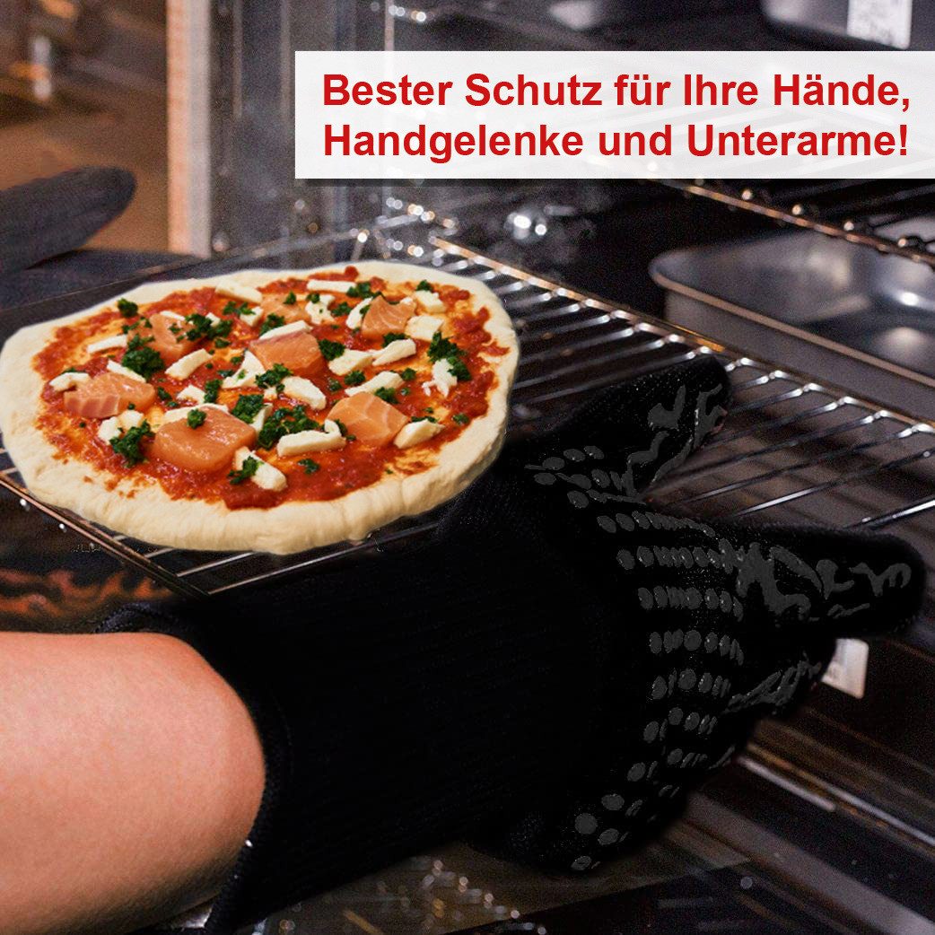 JATrade Grillhandschuhe hitzebeständig mit Grillthermometer & Marinierpinsel Grill Dutch Oven, (1 Paar Grillhandschuhe, 1 Grillthermometer, 1 Marinierpinsel), Ideal auch für Backofen, Kamin, Smoker und als Geschenk!