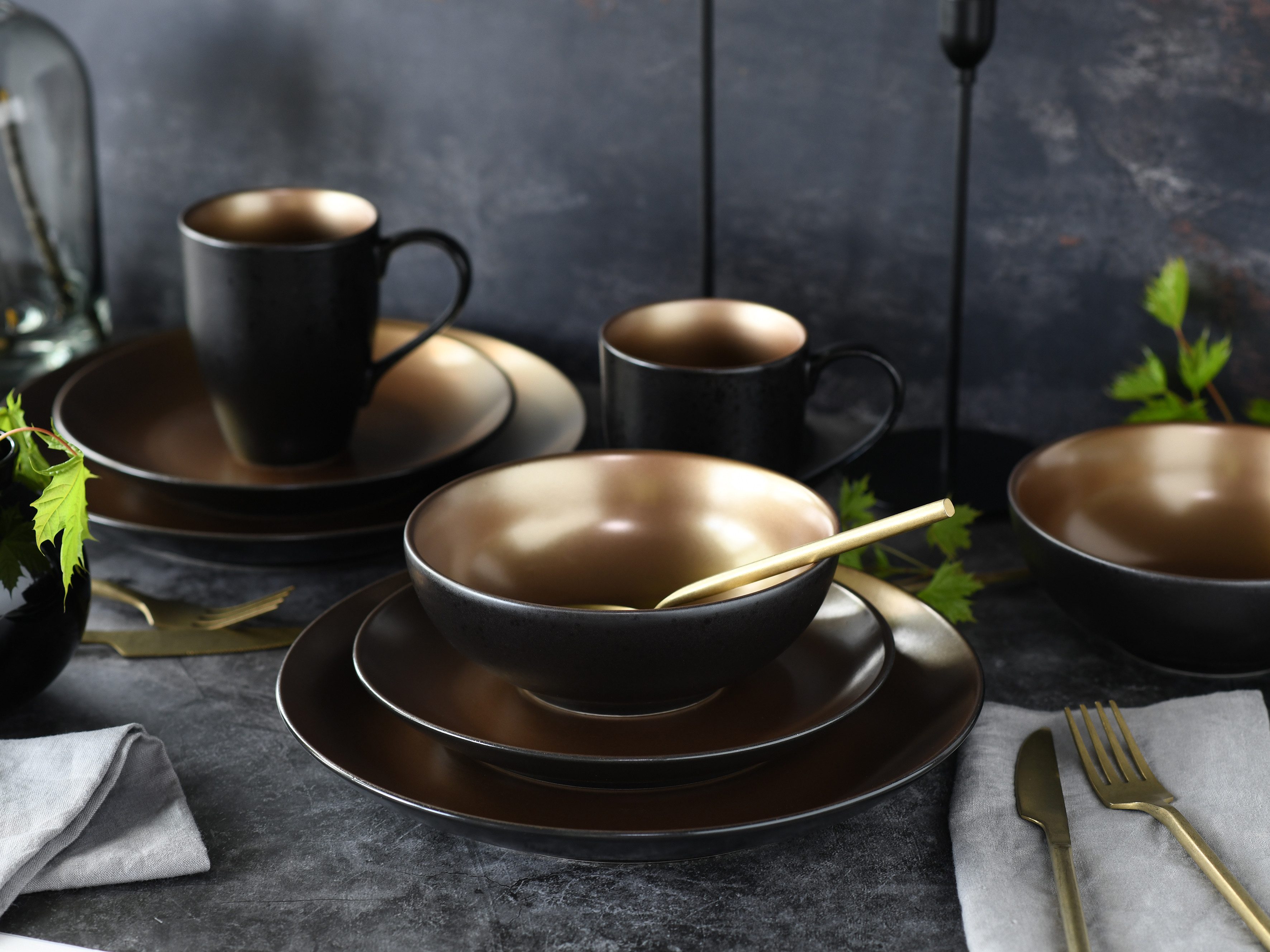 CreaTable Kombiservice Geschirr-Set Glamour Gold (16-tlg), 4 Personen, Steinzeug, Service, metallische Farben, 16 Teile, für 4 Personen