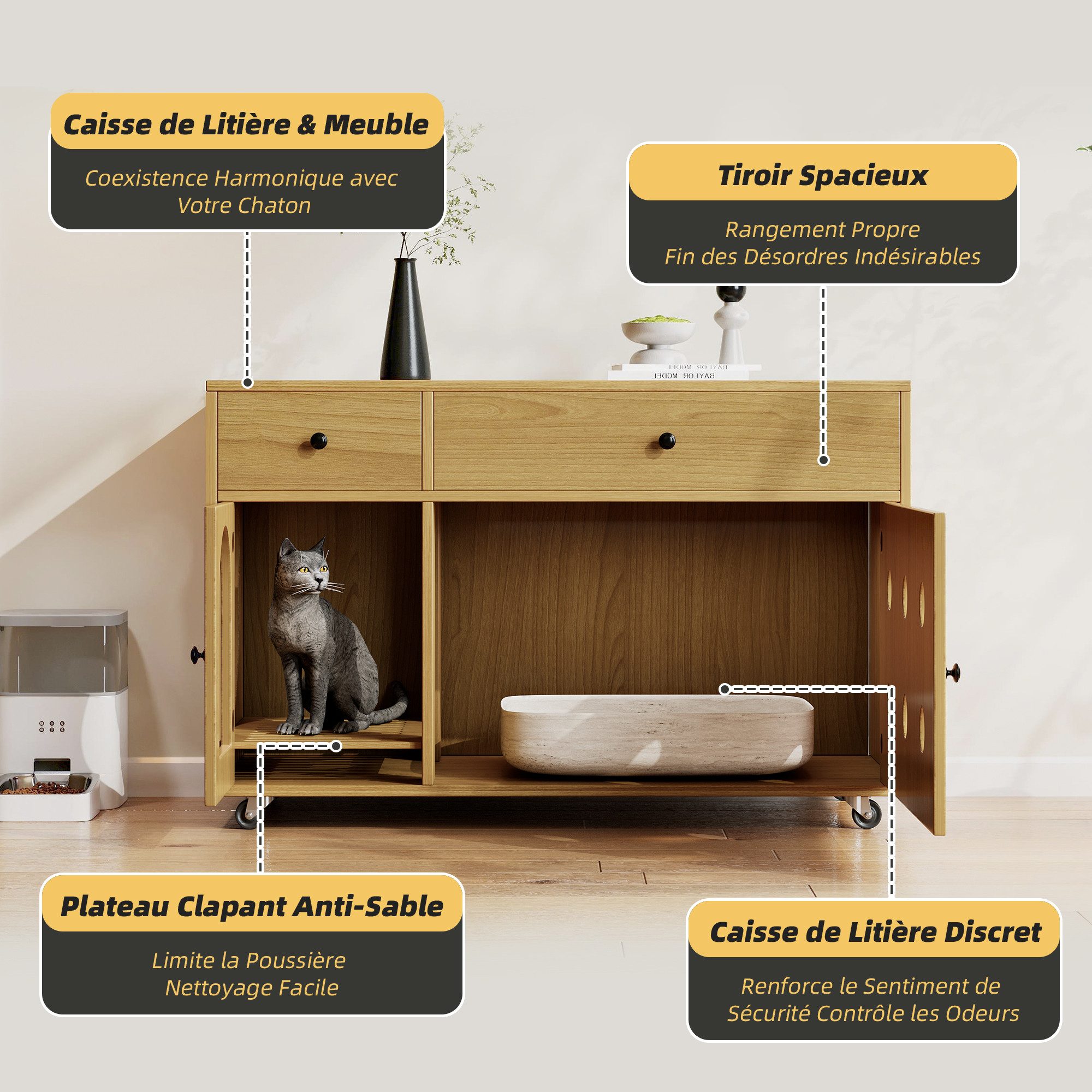 Yorbay Mehrzweckschrank Katzentoilettenschrank mit Rollen verstecktes Katzenklo Möbel mit Stauraum geruchsarm Design Sideboard