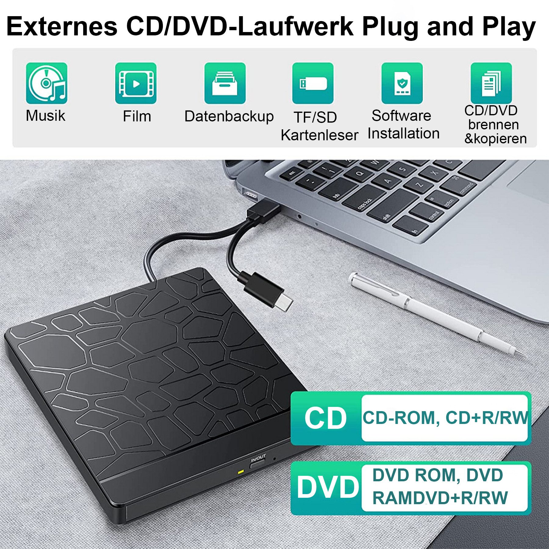Senmudi External DVD Drive,Externes CD DVD Laufwerk DVD-Brenner (DVD+R 8X,DVD-R 8X,DVD+RW 8X,DVD-RW 6X,DVD+R9 6x (Dual-Layer, 8,5 GB), BD DVD-R9 6X (Dual-Layer,8,5 GB),DVD-RAM 5x;CD-R 24X, CD-RW 24Xx/DVD Portable RW Brenner für Laptop, PC, Desktop, Windows 98SE/ME/2000/XPx/CD Windows 11/10/8/7/XP/Linux/MacOSx, USB 3.0 Type-C DVD +/-RW Optical Drive Extern mit SD/TF-Kartenleser)