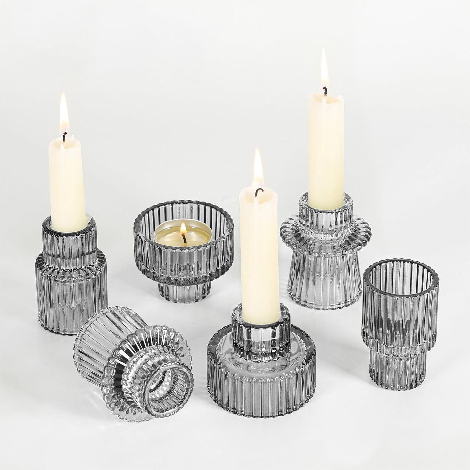 LuxusKollektion Teelichthalter 6er Set Glas Kerzenhalter 2in1 Transparent Grau (6 St)