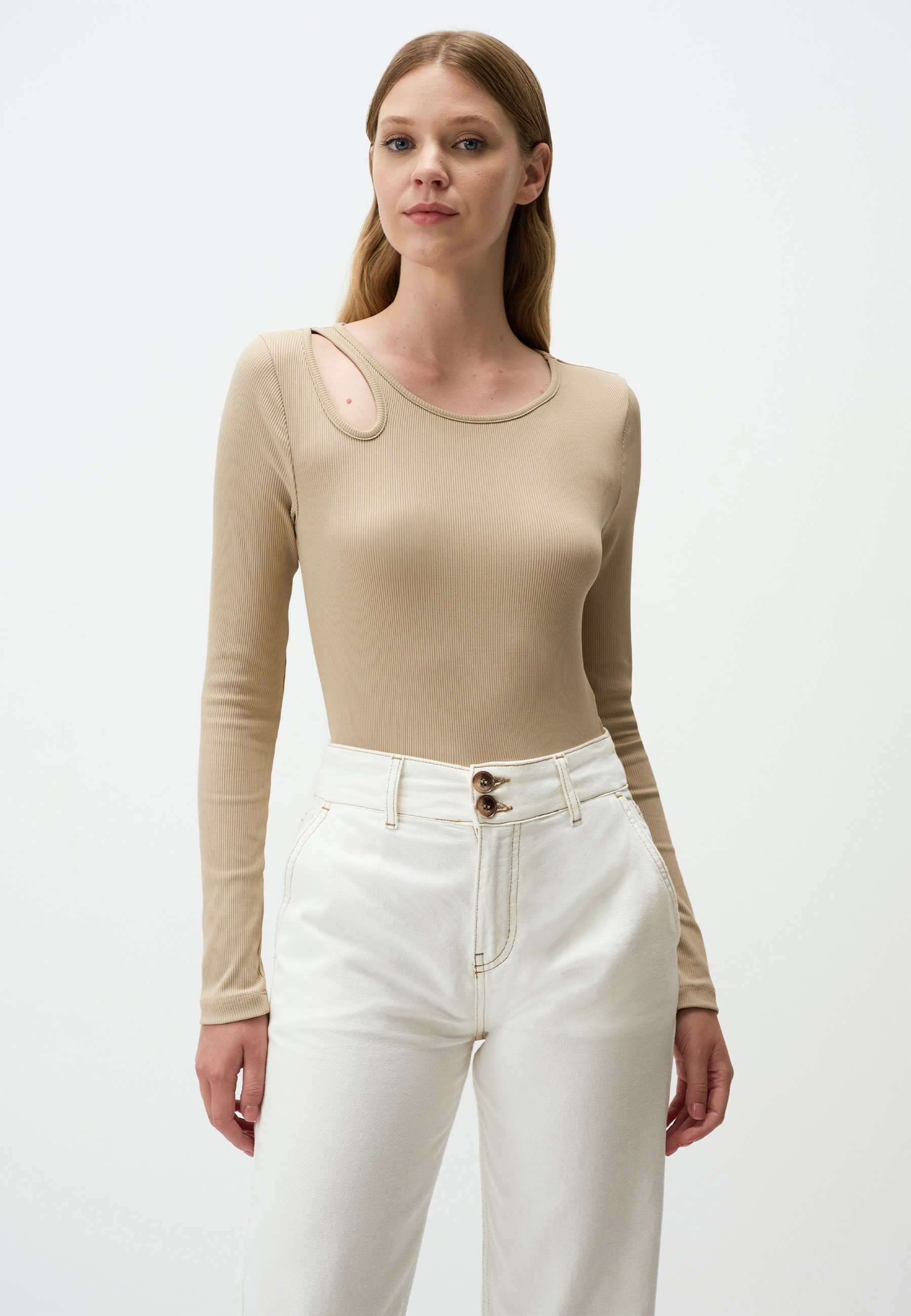 Blusentop Rundhalsausschnitt Slim Fit Langärmlig Bluse