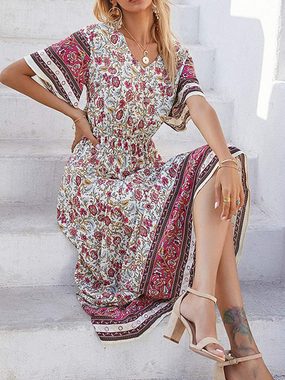 B.X Sommerkleid Frühling V-Ausschnitt Hohe Taille Strandkleider Partykleid Strandkleid Damen Casual Sommer Kurzarm Boho Blumendruck Maxikleid A-Linien-Kleid