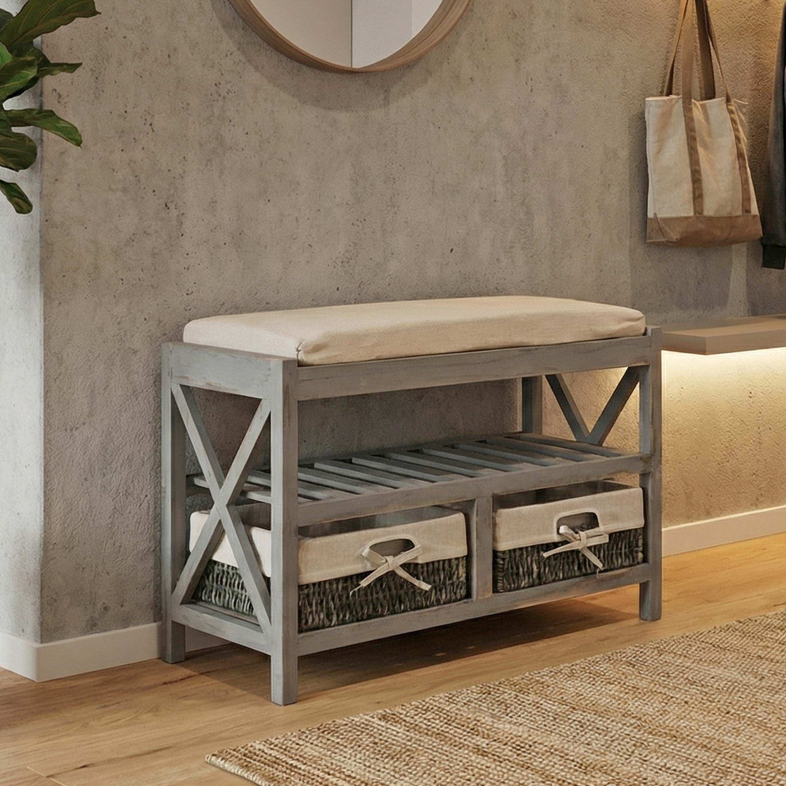 MCW Schuhregal MCW-C48, 2 formstabile Körbe, Mit waschbarem Sitzkissen, Komplett montiert