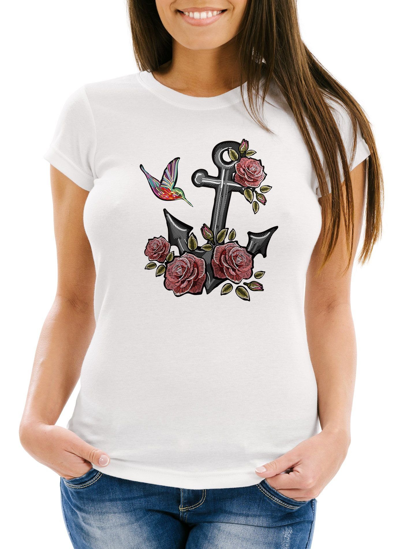 Neverless Print-Shirt Damen T-Shirt Anker Rosen günstig online kaufen