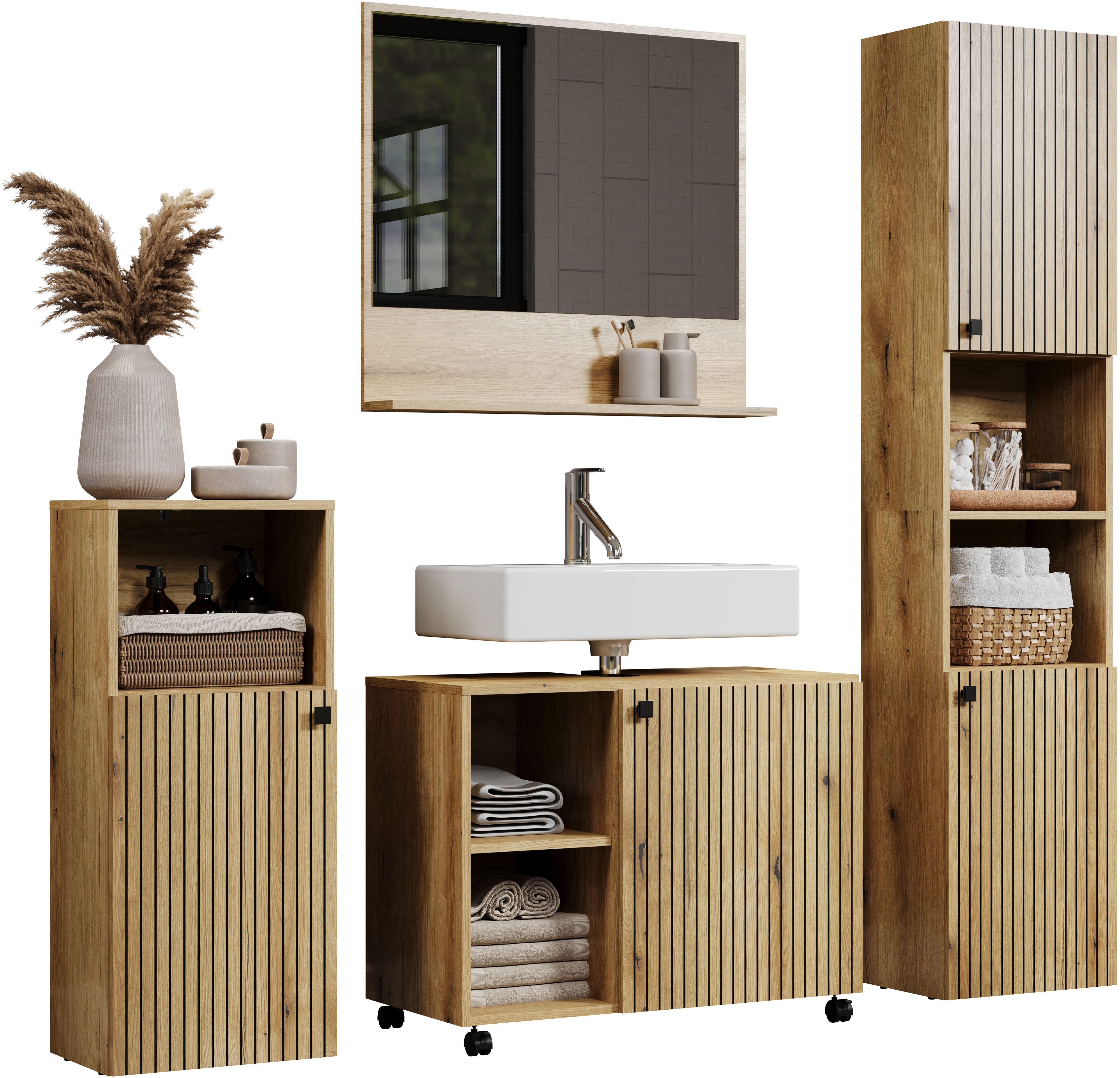 welltime Badmöbel-Set Amrum Waschbeckenunterschrank Spiegel Hochschrank günstig online kaufen