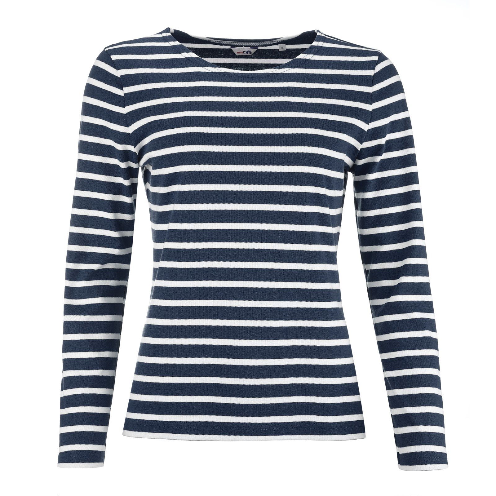 Damen Langarm-Shirt Streifenshirt Langarmshirt blaumel. / weiß (85) mit modAS Bretonisches Streifen Baumwolle