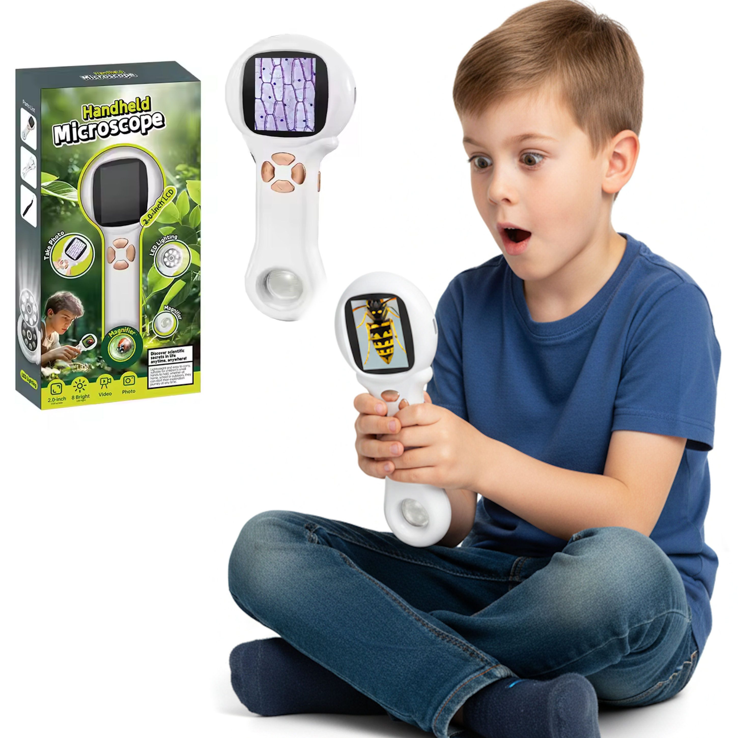 COIL Experimentierkasten Handmikroskop für Kinder mit 2,0" LCD Display, mit LED, Licht, Digitales Mikroskop, Foto & Video – Lernspielzeug