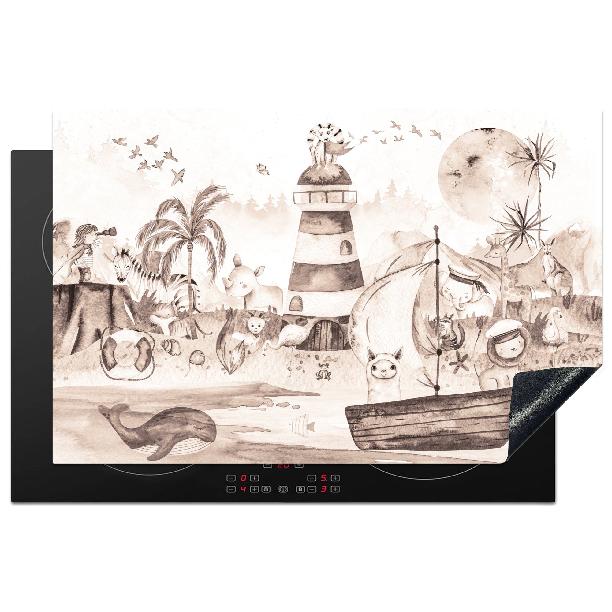 MuchoWow Herdblende-/Abdeckplatte Strand - Kinder - Leuchtturm - Alpaka - Meer - Tiere, Vinyl, (1 tlg), 81x52 cm, Induktionskochfeld Schutz für die küche, Ceranfeldabdeckung