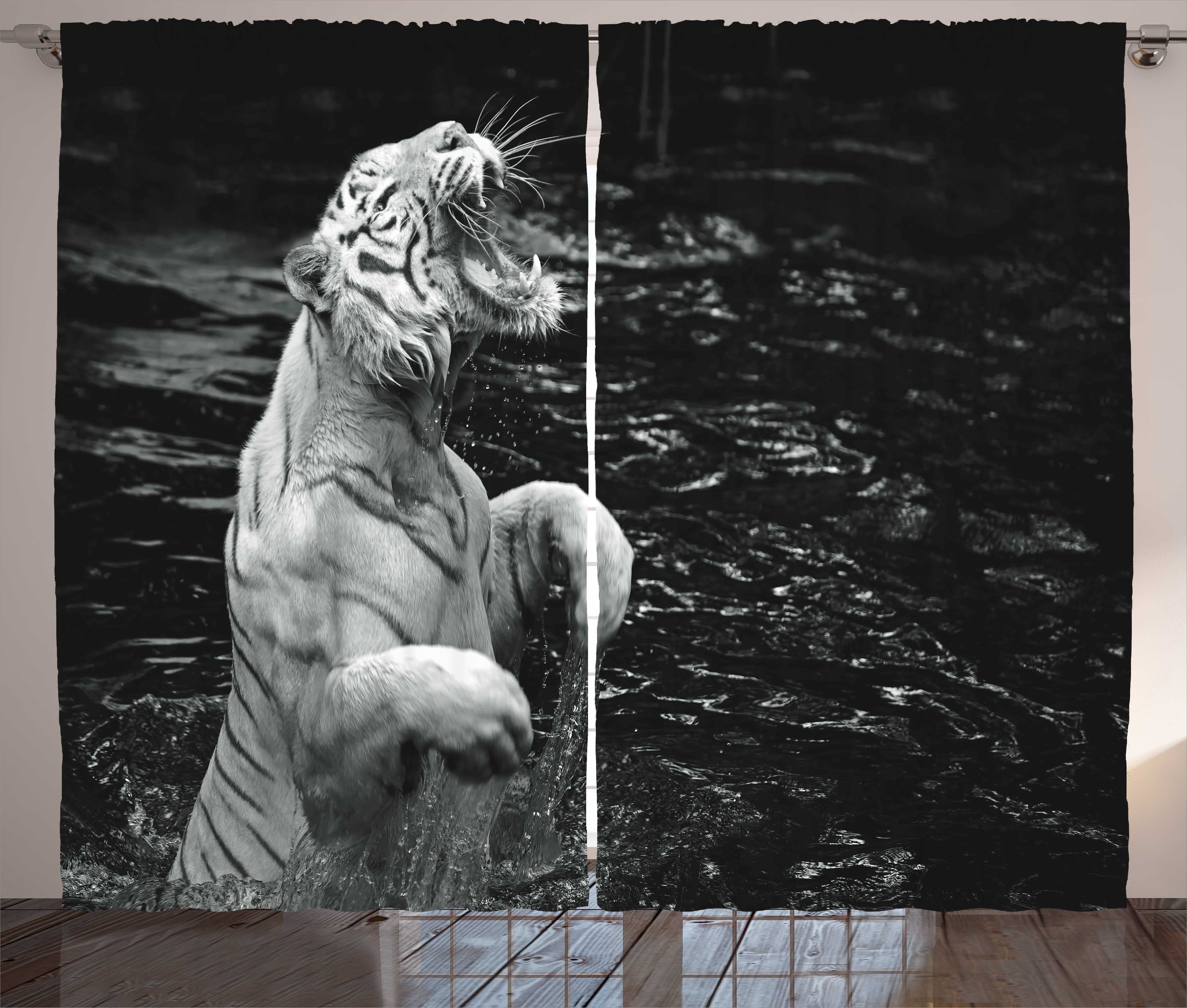 Gardine Schlafzimmer Kräuselband Vorhang mit Schlaufen und Haken, Abakuhaus, Schwarz-Weiss Exotic White Tiger
