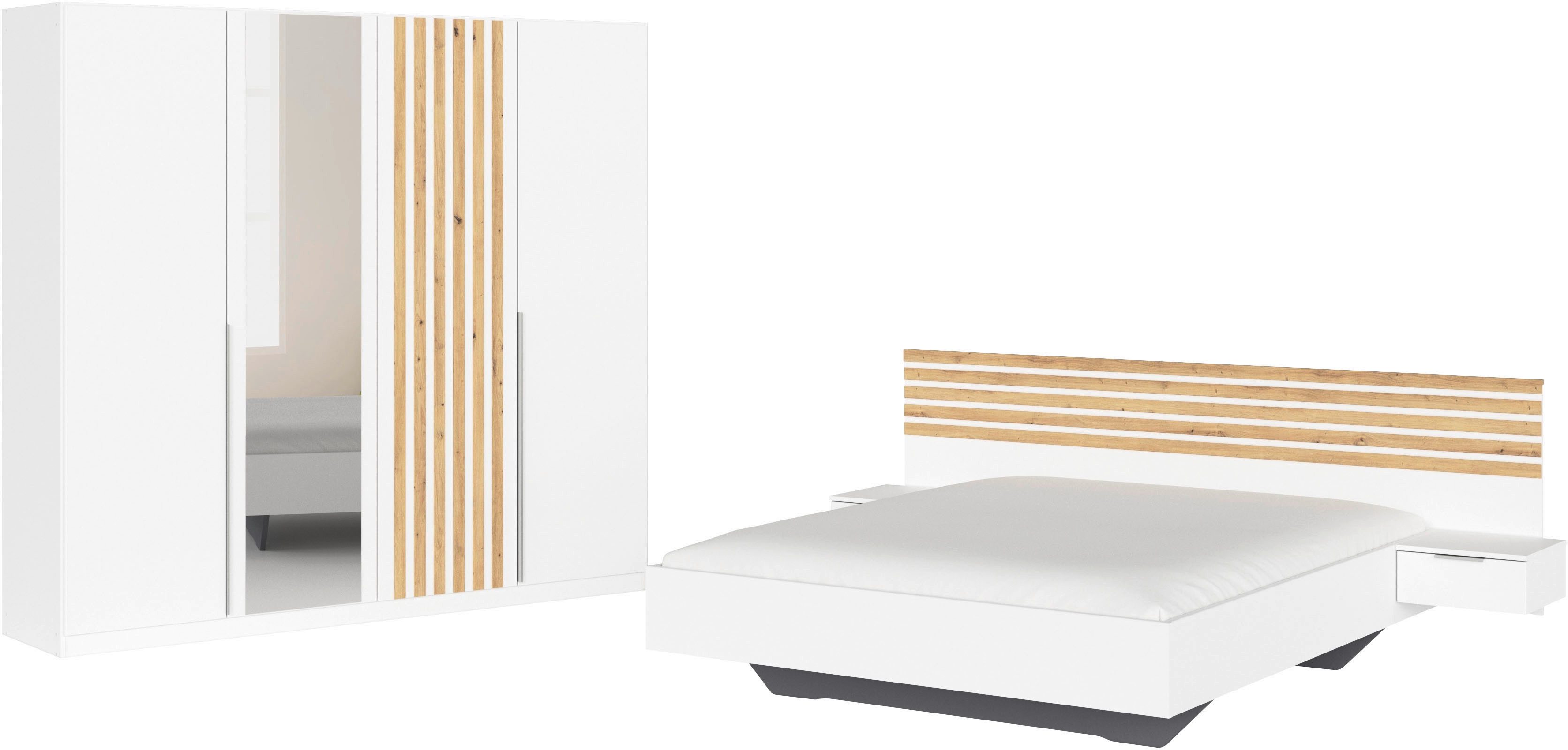rauch Schlafzimmer-Set Komplettzimmer Komplett Set Schrank 226 cm Bett 160/180 cm LAMELLA, (Set, 4-tlg., 3 verschiedene Ausstattungen BASIC/CLASSIC/PREMIUM (inkl. SOFT-CLOSE), elegante Lamellen-Auflage in 3D Akustikpaneel Optik MADE IN GERMANY