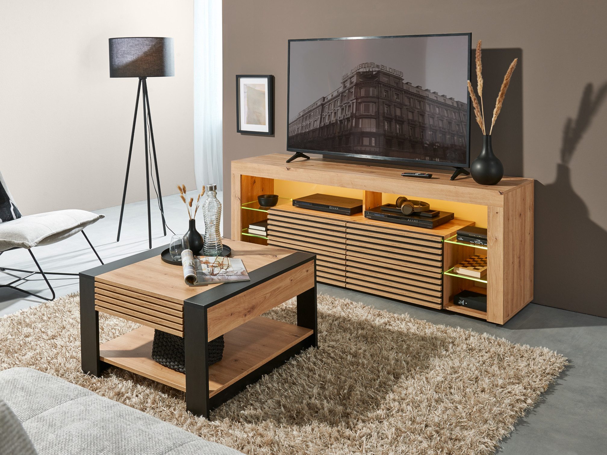 moebel-dich-auf Lowboard Firenze (Wohnzimmer Set 2 tlg., Artisan Eiche Dekor mit aufgesetzten Stäbchen, 1x Couchtisch, 1x Tv-Lowboard)