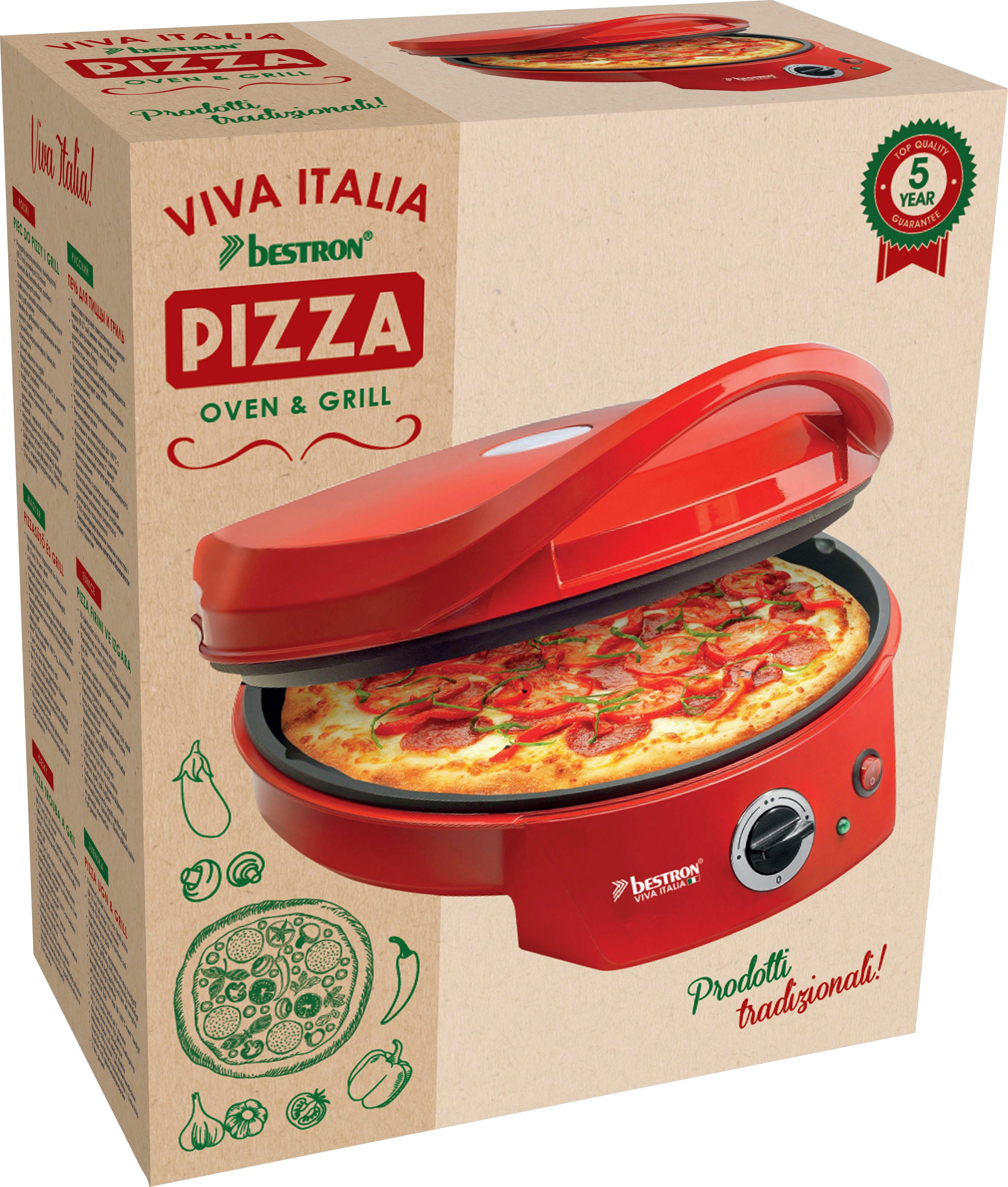 bestron Pizzaofen APZ400 Viva Italia, Bis max. Ober-/Unterhitze, 1800 180°C, Watt, Rot