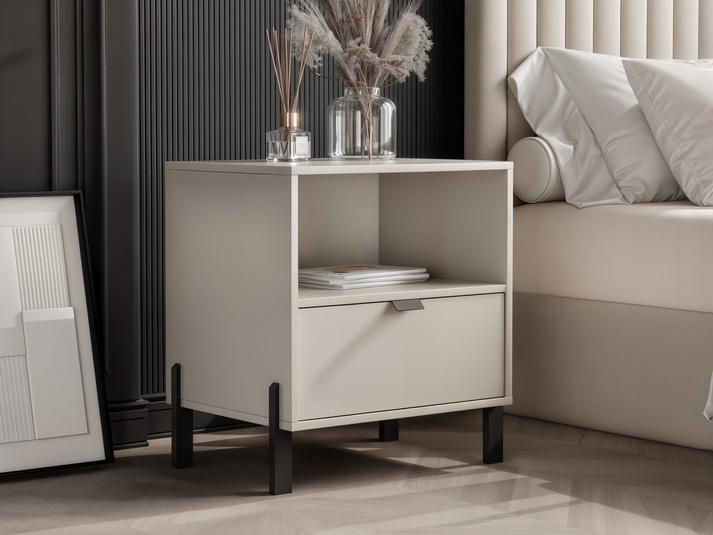 Beautysofa Nachttisch CORTINA mit Schublade (Farbe Sandbeige, mit Metallgriffen und Füßen), Breite: 56 cm
