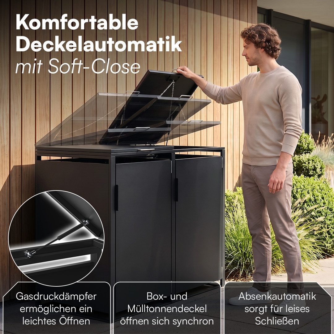 STEELSØN Mülltonnenbox Thoria 240L aus verzinktem Stahl (Graphitschwarz, verfügbar mit 1, 2, 3, 4, oder 5 Türen), Für 2 Tonnen
