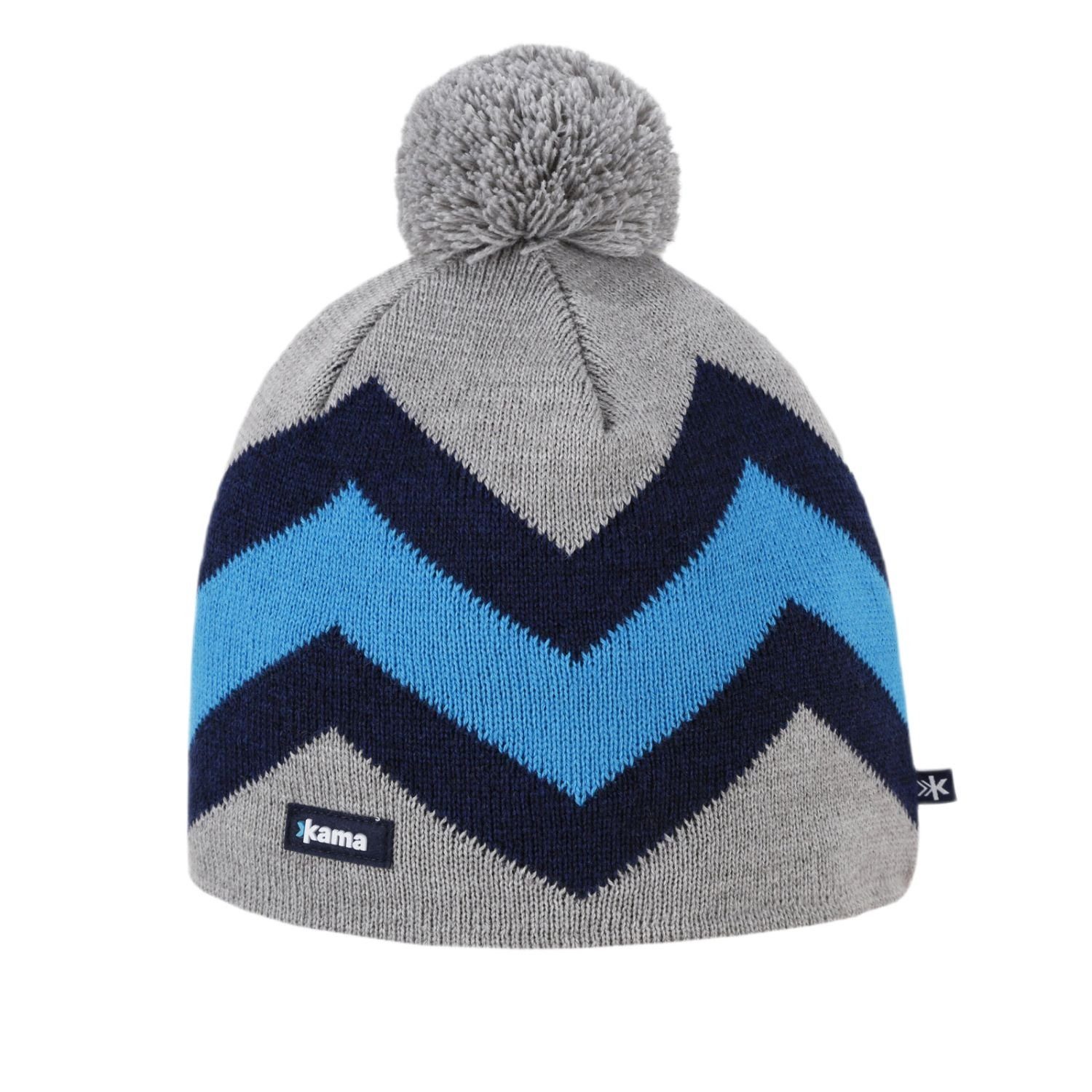 Strickmütze (Bommel) A179 Merino - grau/navyblau/blau - 1 Stück