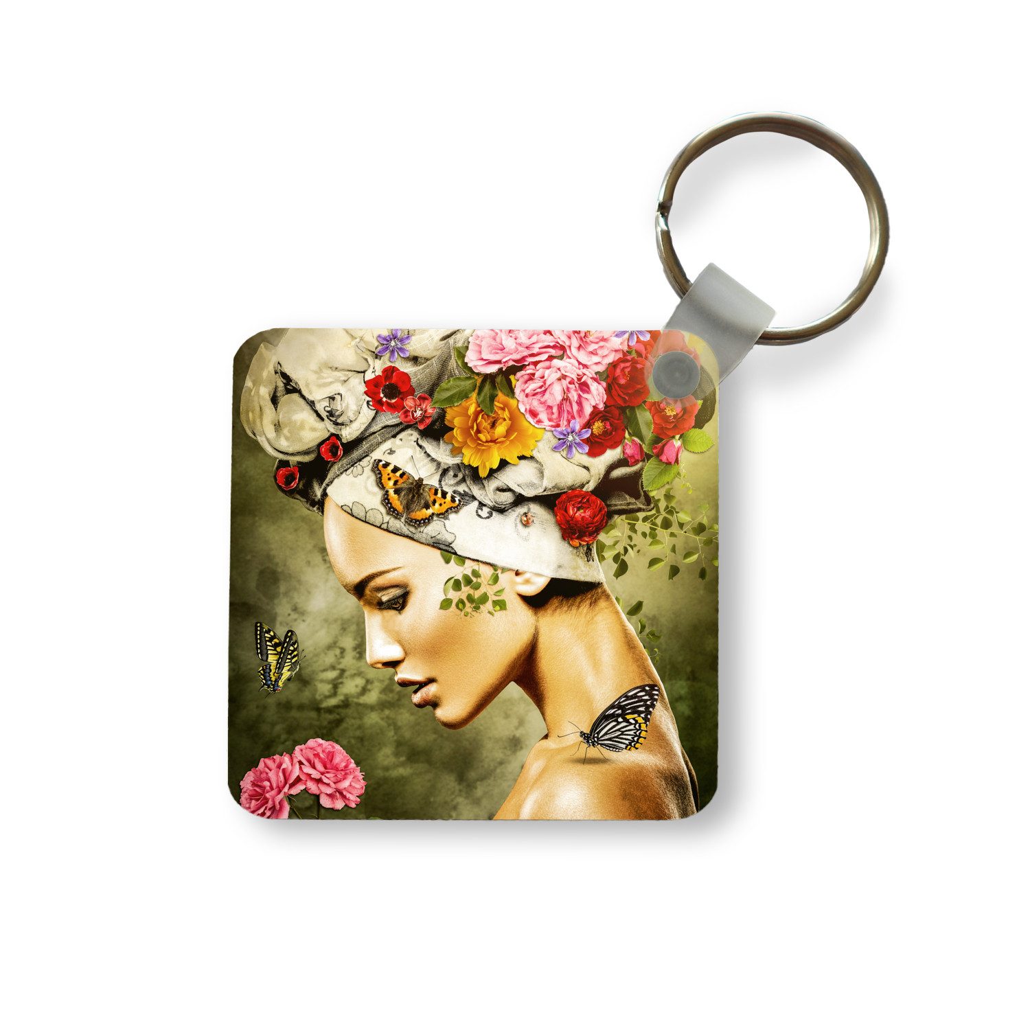 MuchoWow Schlüsselanhänger Frau - Blumen - Farben - Schmetterlinge - Rosen - Kopftuch, Quadratisch, Accessoire Auto / Haus / Rucksack / Handtasche, 5x5 cm