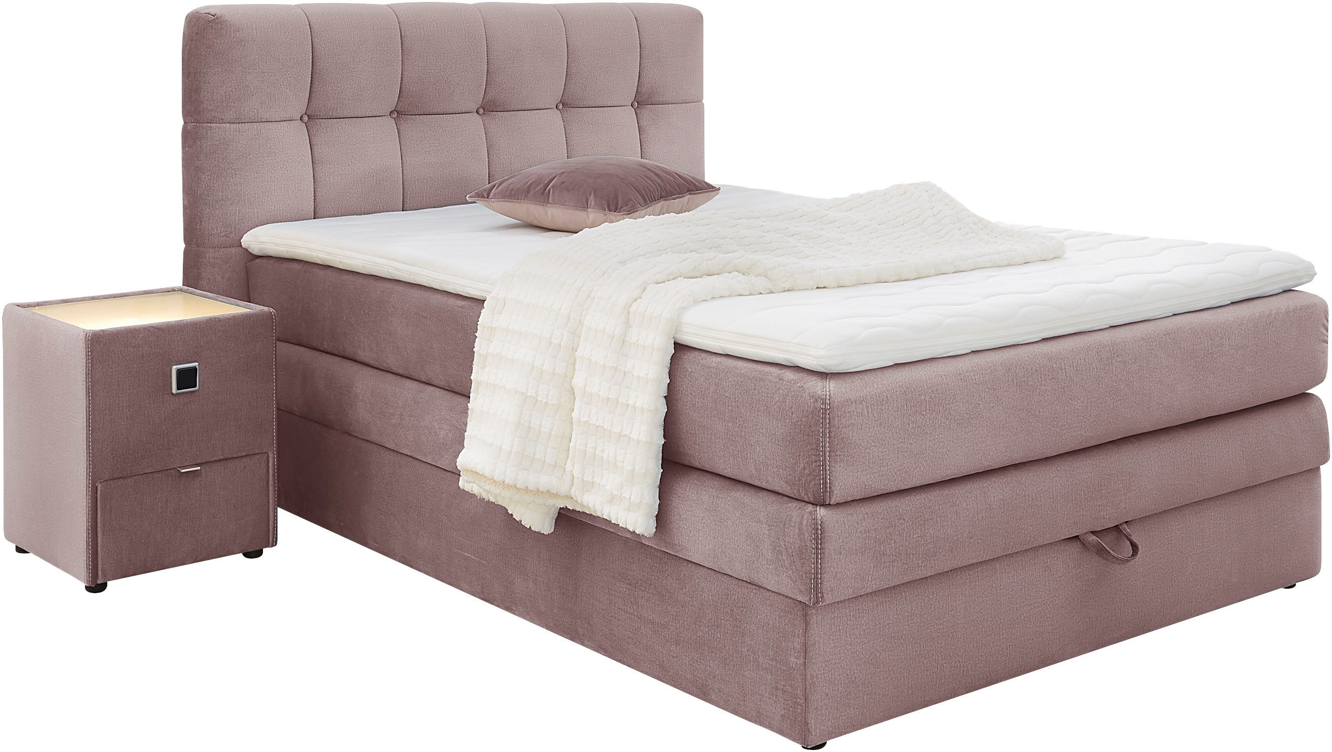 Jockenhöfer Gruppe Boxspringbett AMY in Samt, erhältlich in den Breiten 120cm & 140cm, mit Bettkasten und Topper