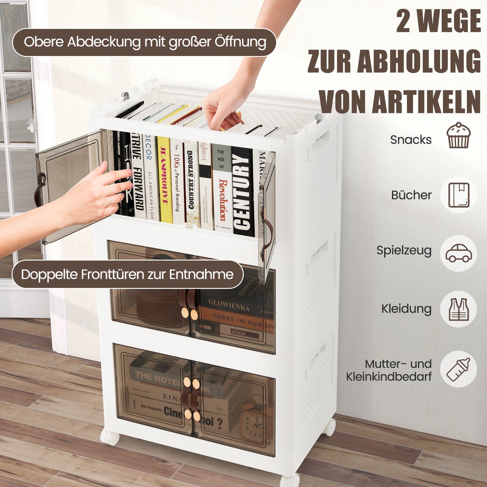 COSTWAY Aufbewahrungsbox, 3er Set, faltbar, stapelbar, mit Deckel, Rädern & Türen