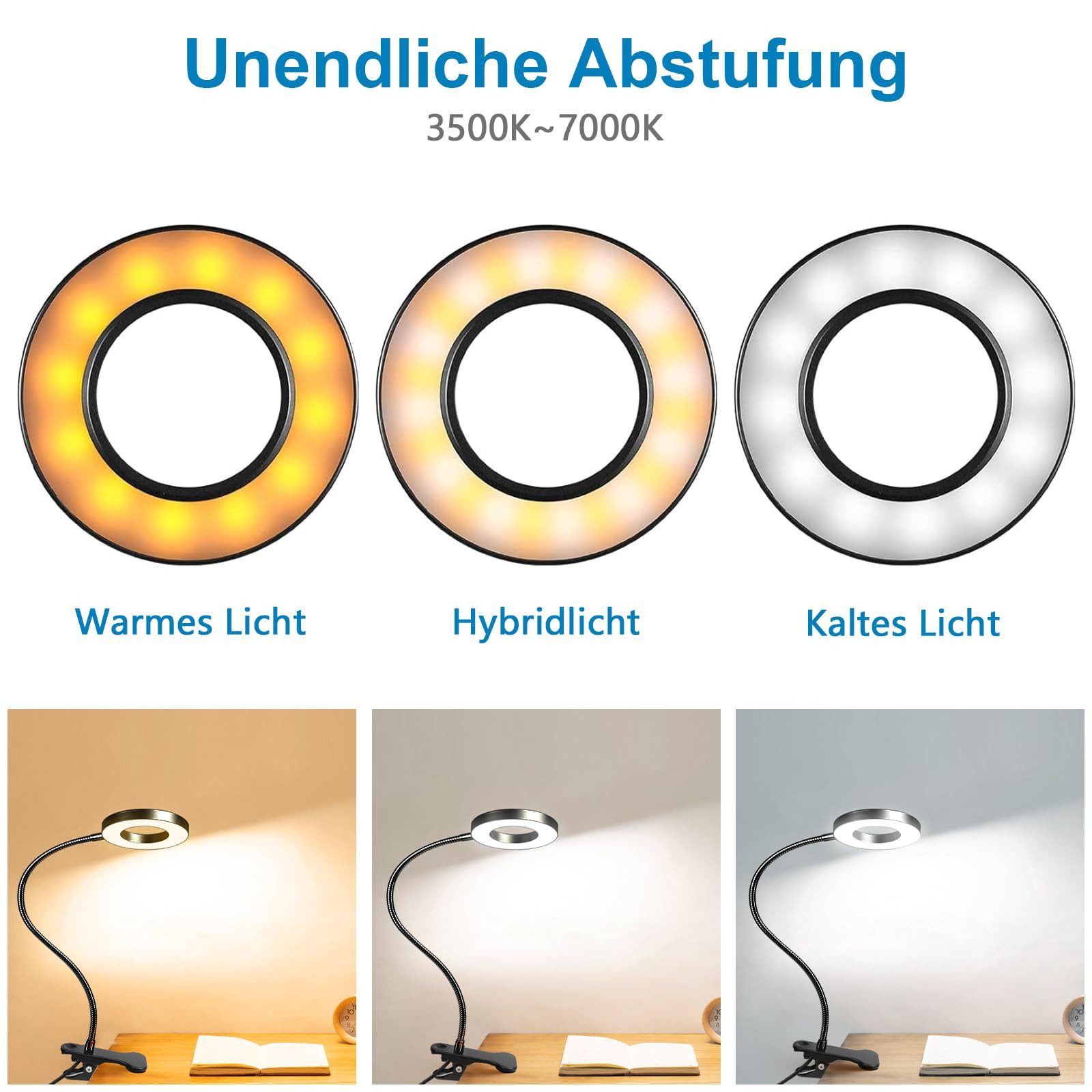 kowdom LED Leselampe LED Leselampe Klemme dimmbar USB, Schwanenhals, 3 Lichtfarben, LED (48 Stück, fest integriert), Warmweiß, Neutralweiß, Kaltweiß