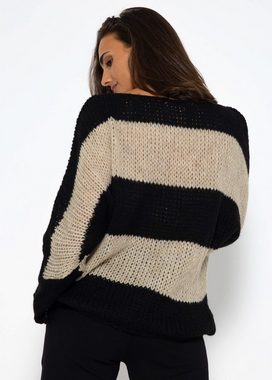 SASSYCLASSY Strickpullover Oversize Pullover Damen aus weichem Grobstrick Lässiger Strickpullover lang mit Streifen, Made in Italy