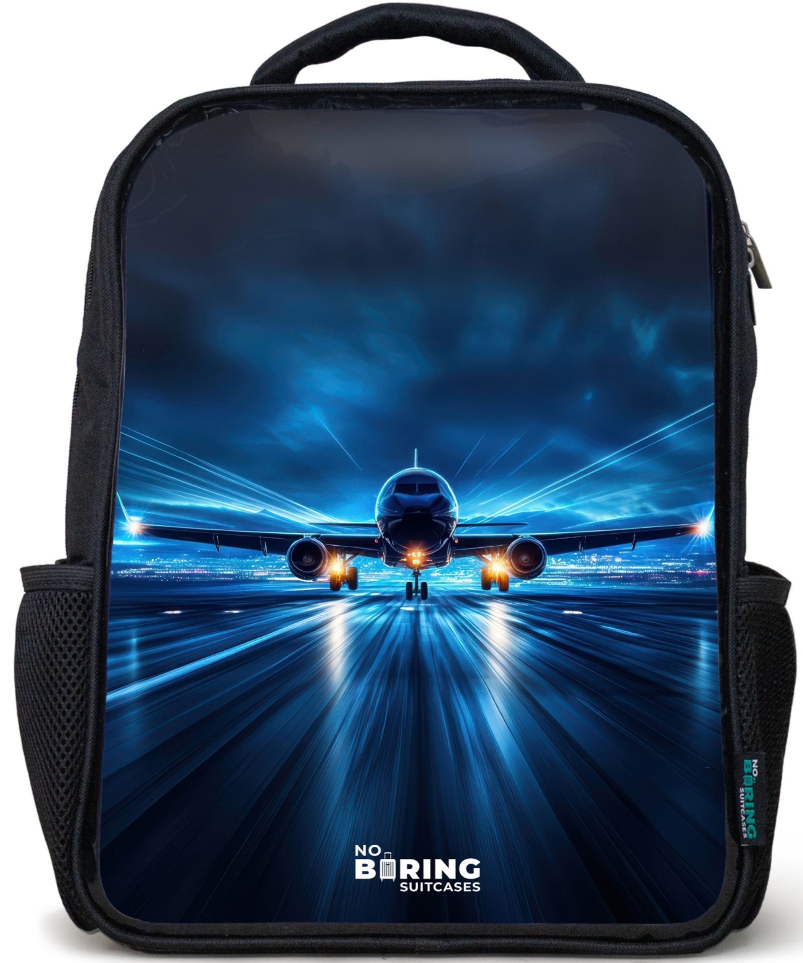NoBoringSuitcases.com© Rucksack Schwarz - Ein Flugzeug hebt in einer futuristischen Nachtlandschaft ab, Kinderrucksack Schwarz, Schulrucksack, Freizeitrucksack Jungen Mädchen