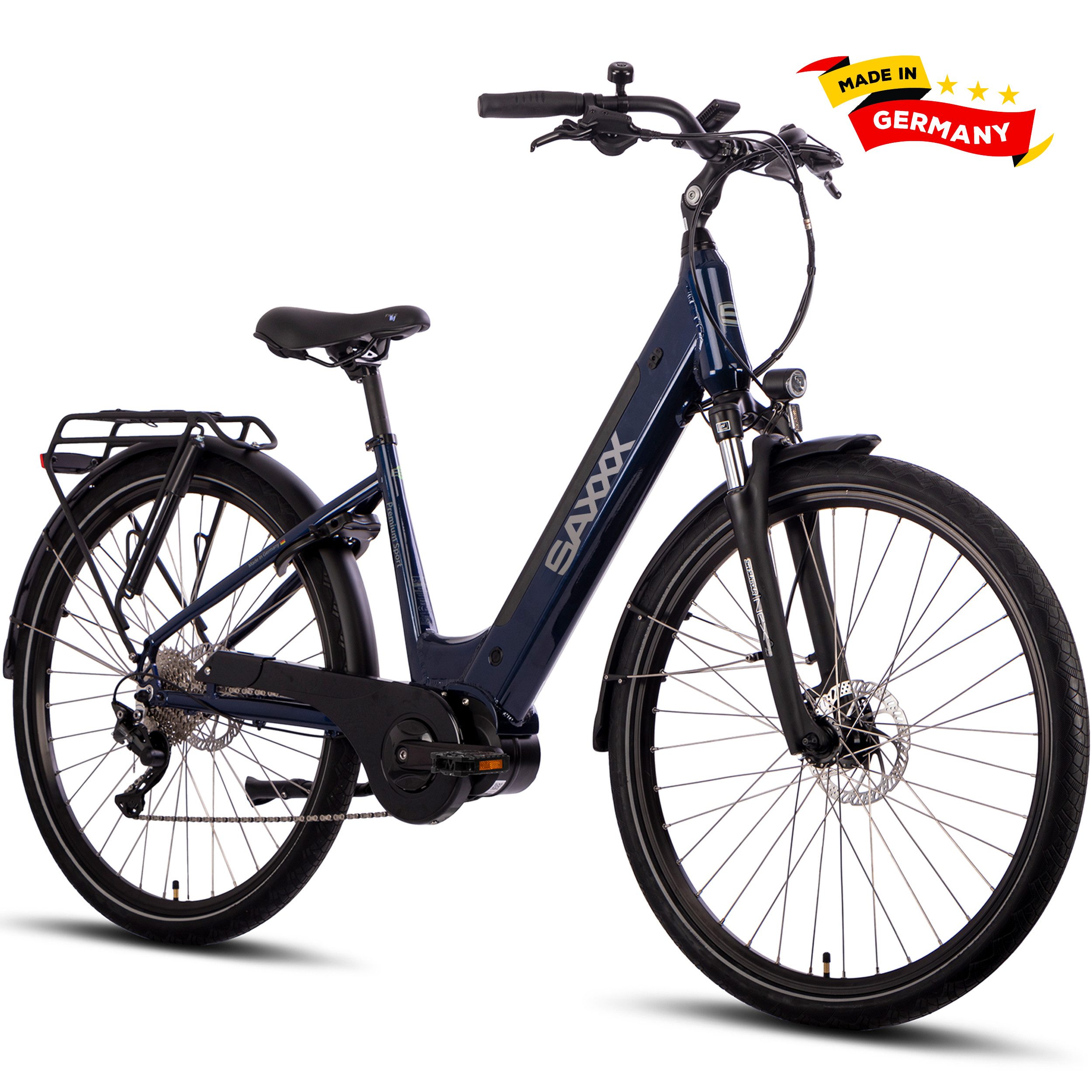 SAXXX E-Bike Trekkingrad Damen/Herren 28x2 Zoll, Trekking E-Bike mit Scheibenbremse, 55-110km, 10 Gang SHIMANO Deore Schaltwerk, Kettenschaltung, Mittelmotor, 522 Wh, (mit Rahmenschloss, mit Akku-Schlüssel, mit Gepäckträger), Pedelec, E-Trekking Tiefeinsteiger, entn. Akku, Federgabel
