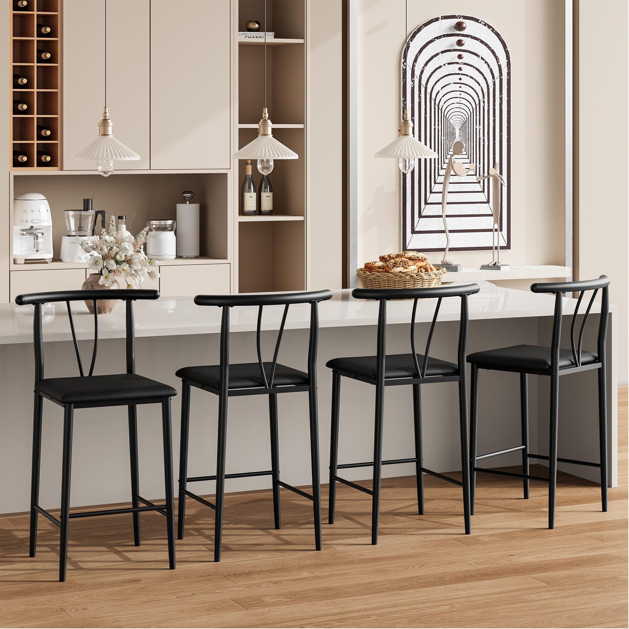 GarveeMore Barhocker mit U-förmiger Rückenlehne & schwarzes Metallgestell (4 St), PU-Leder Sitzfläche, Sitzhöhe 64 cm, Gesamthöhe 95 cm