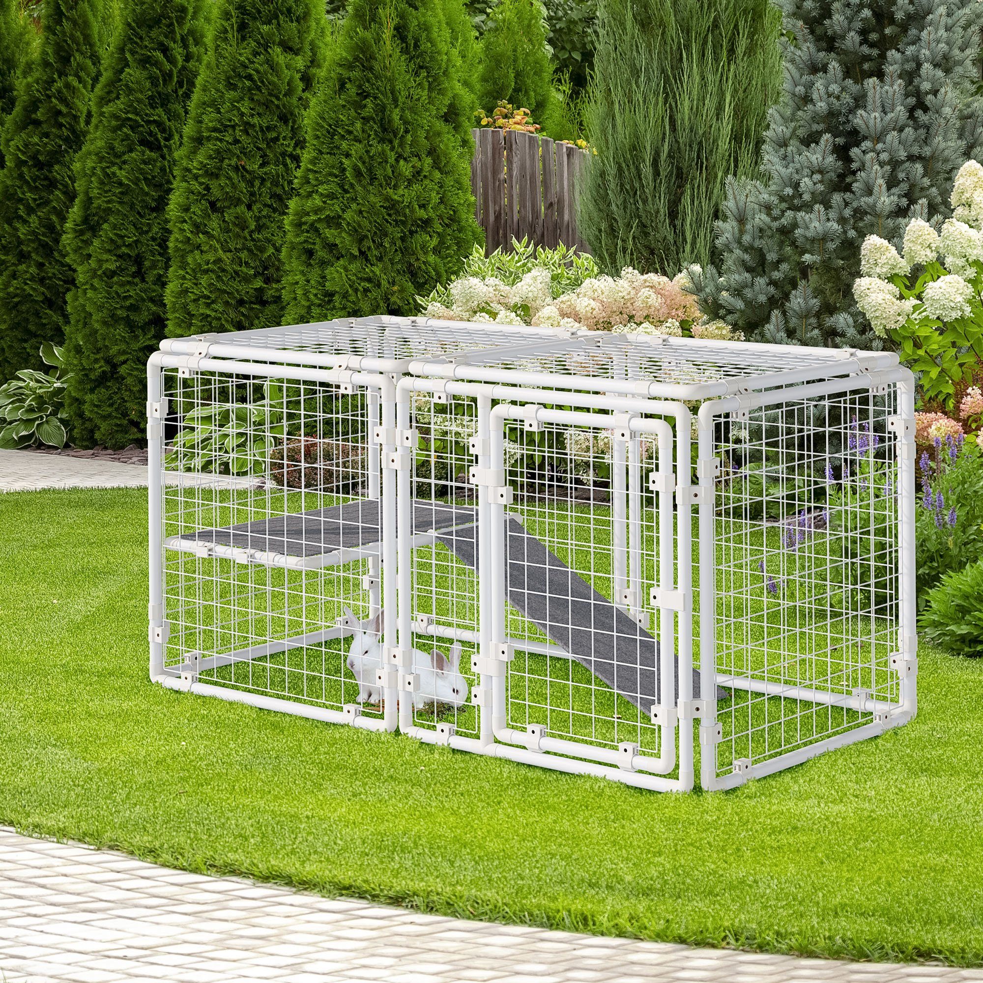 PawHut Kleintierstall Kleintierauslauf, DIY, 8 Paneele, größenverstellbar, für Garten, Balkon, Weiß